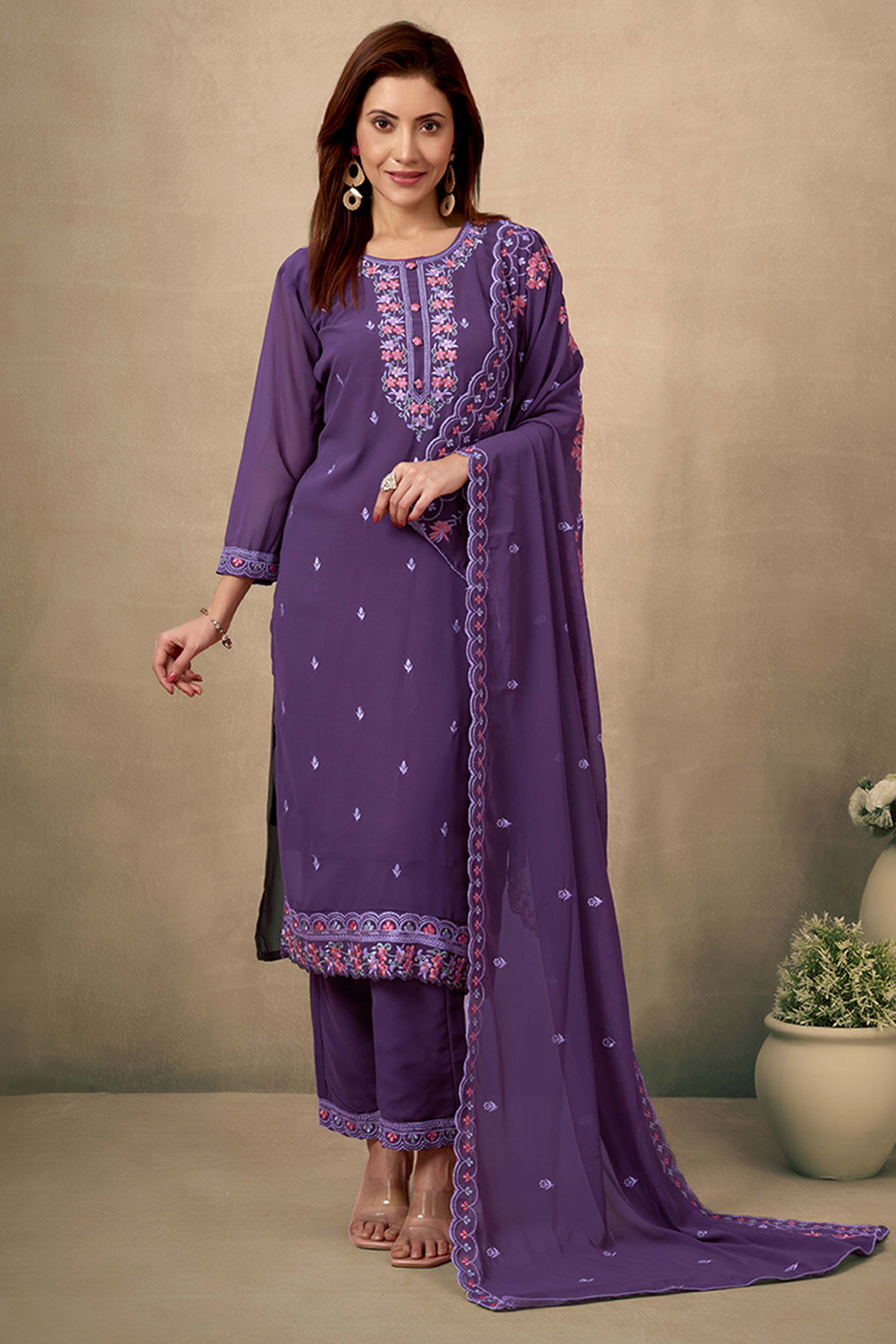 Wine Embroidered Straight Salwar Suit in Heavy Viscose Georgette