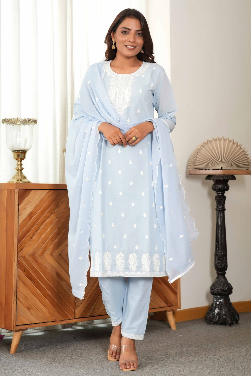 Powder Blue Cotton Suit Set Featuring Exquisite Motif Stitch Work