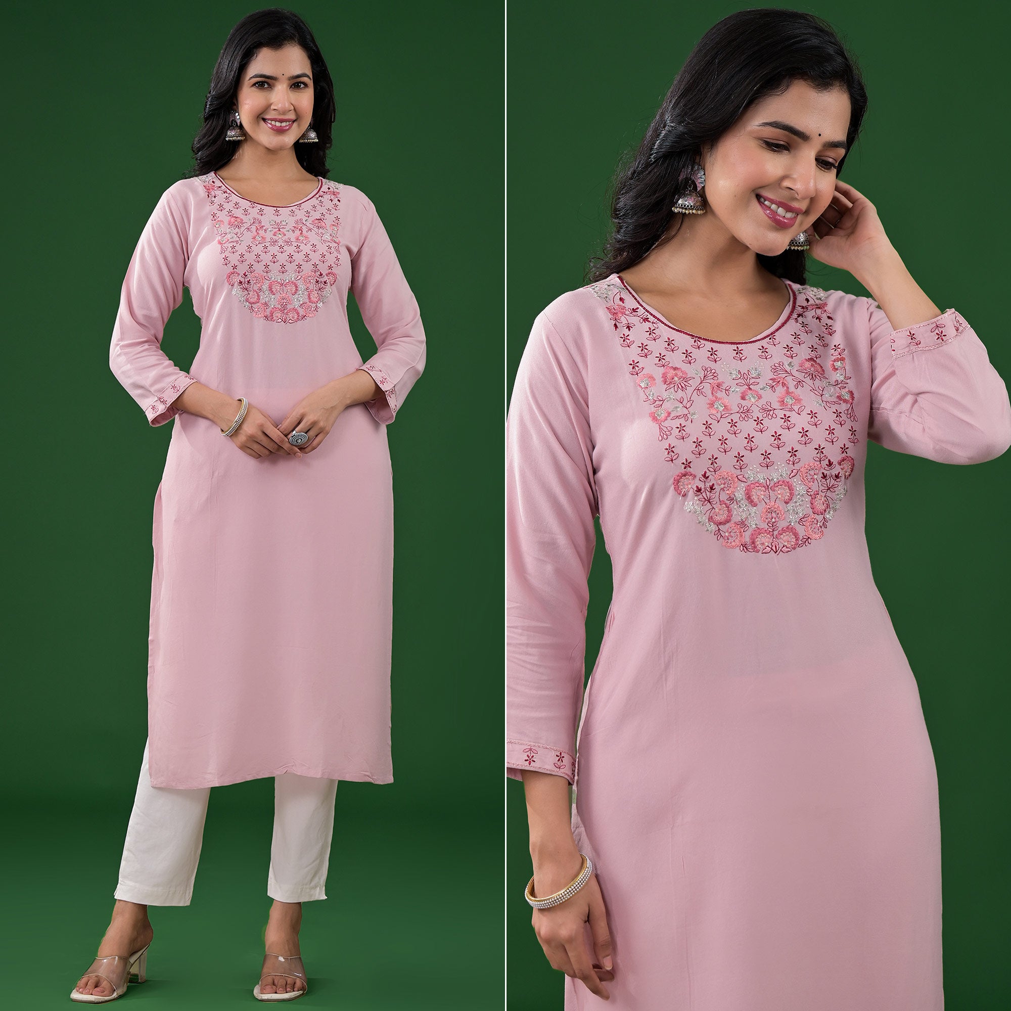 Peach Yoke Embroidered Rayon Straight Kurti