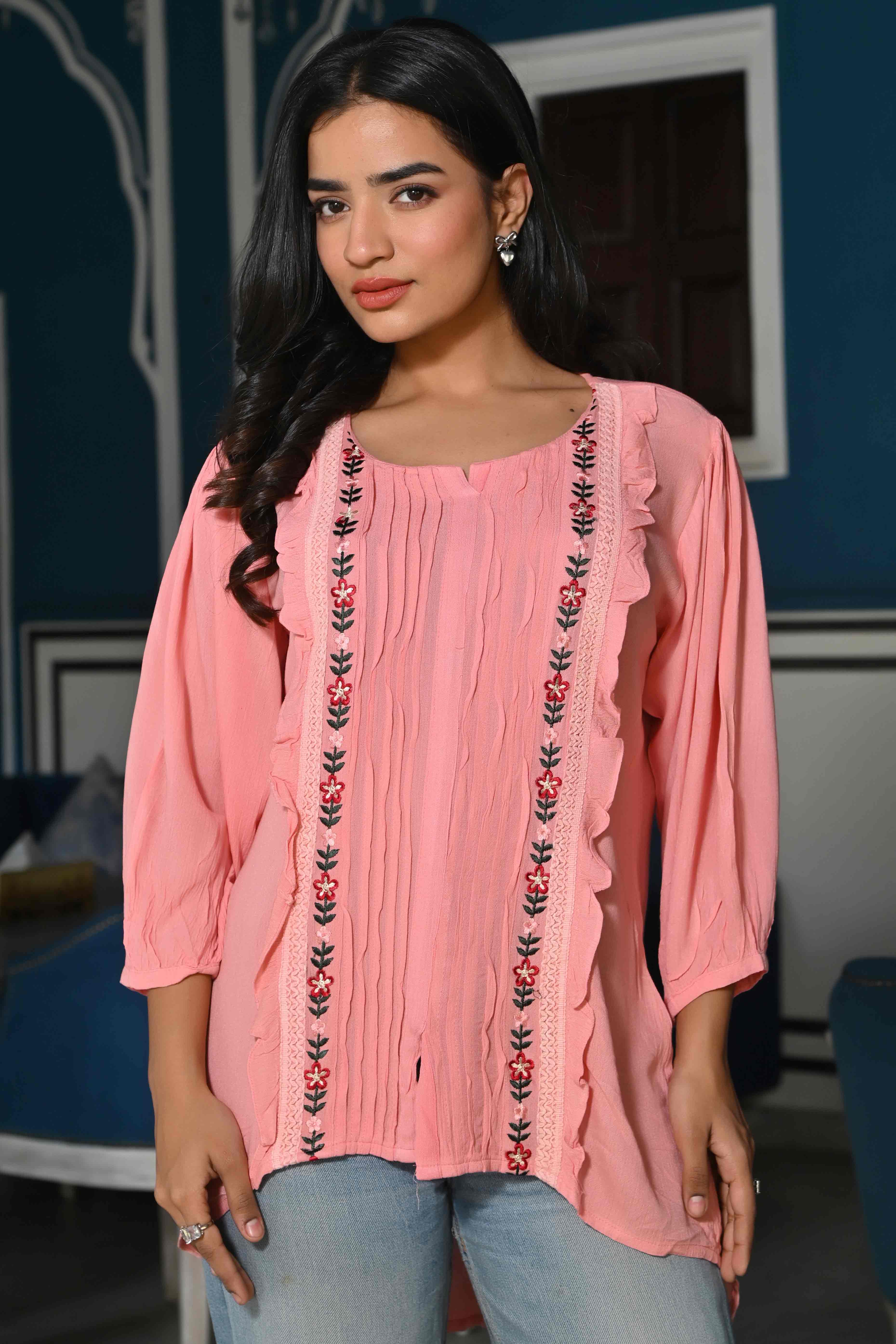 Pink Floral Embroidered Rayon Rinkal Top
