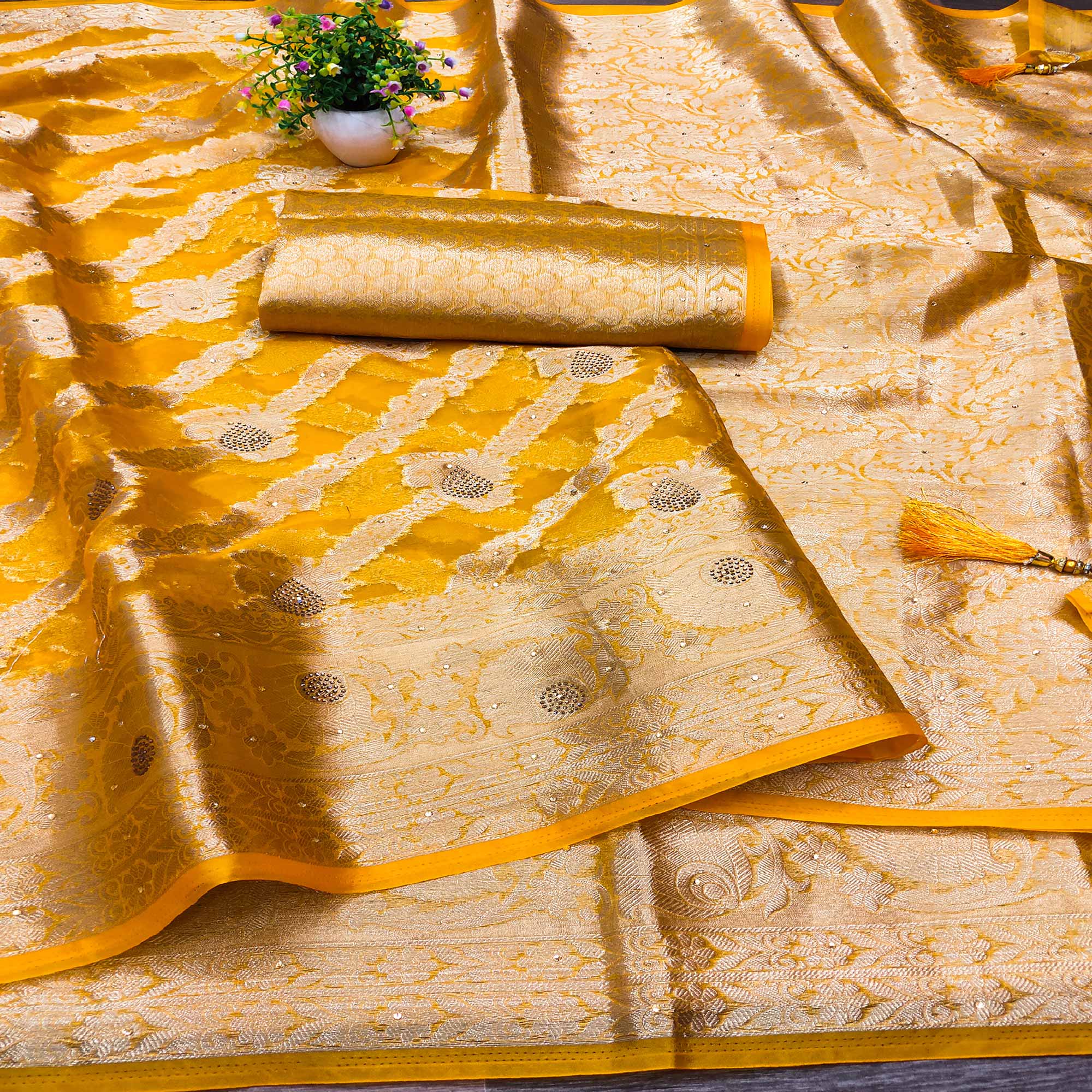 Mustard Stone Work Woven Organza Jacquard Saree