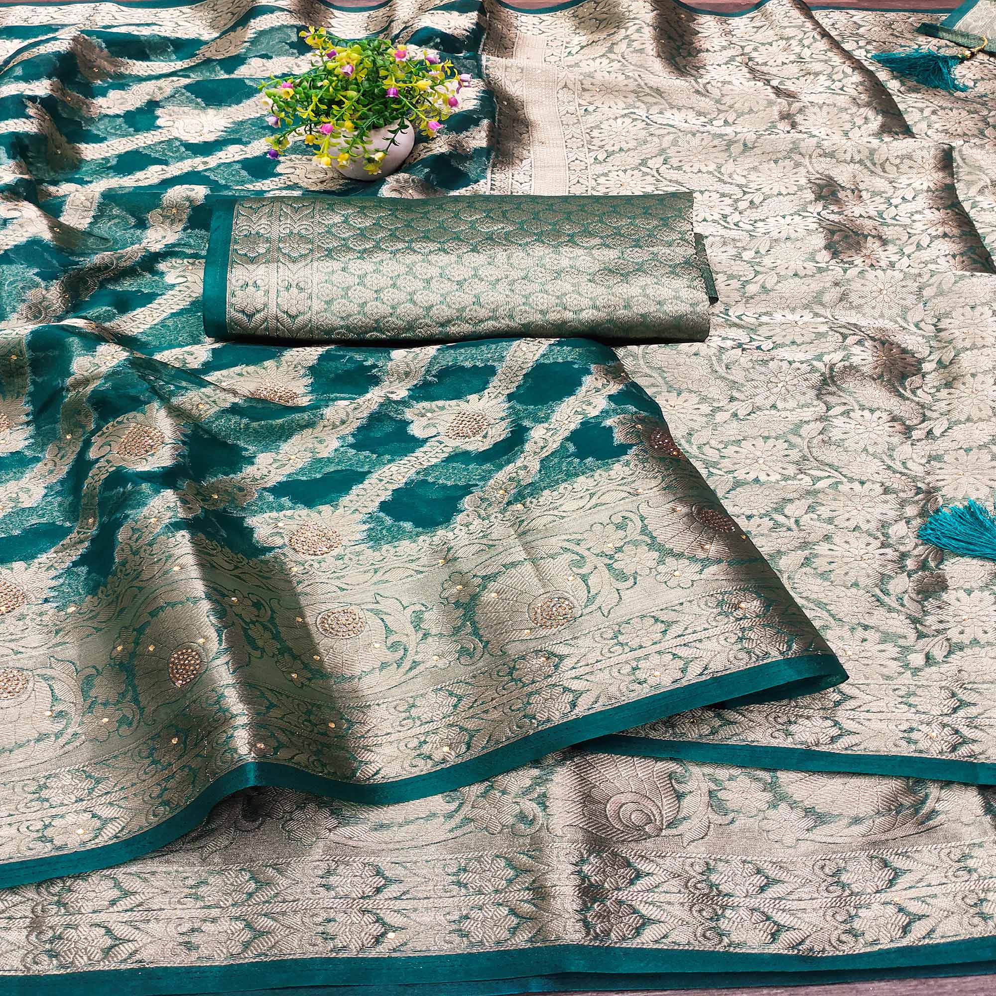 Morpich Green Stone Work Woven Organza Jacquard Saree