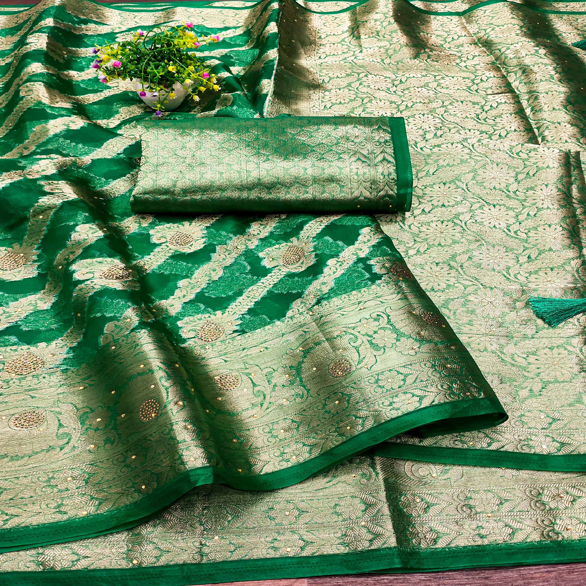 Green Stone Work Woven Organza Jacquard Saree