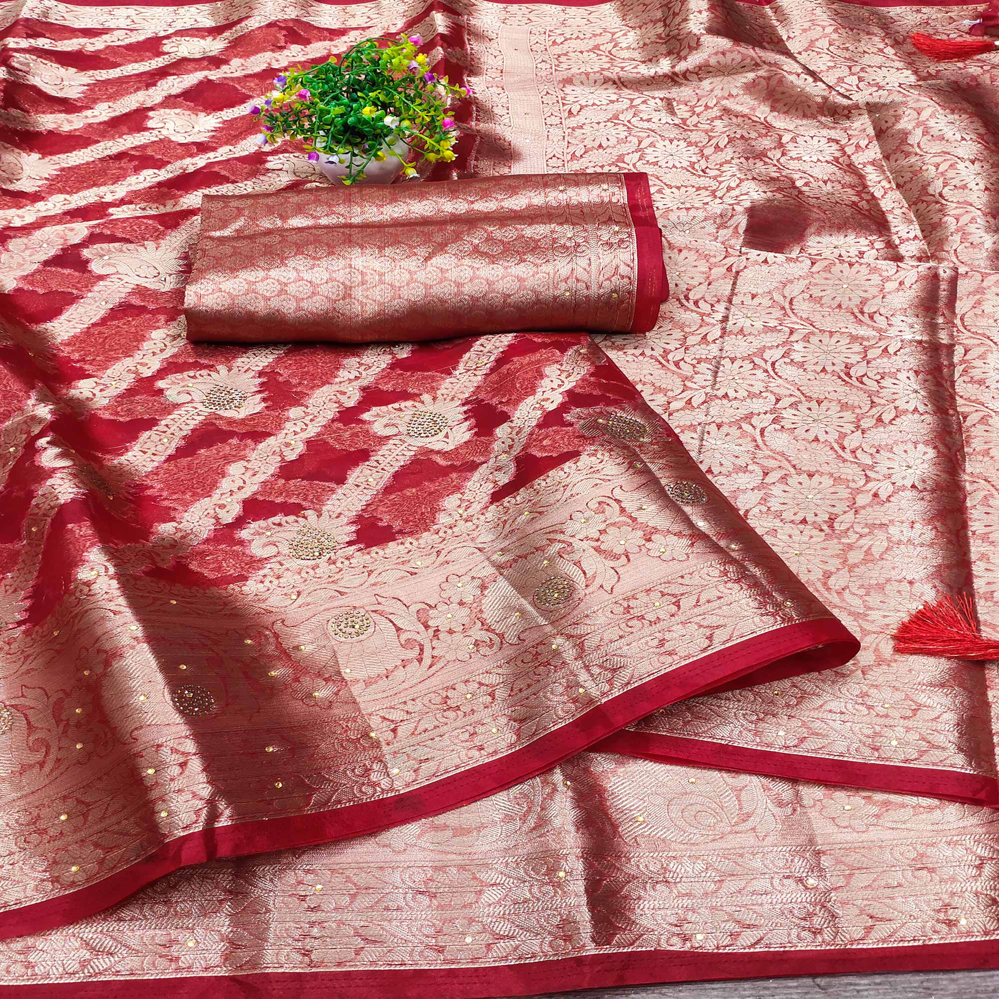 Red Stone Work Woven Organza Jacquard Saree