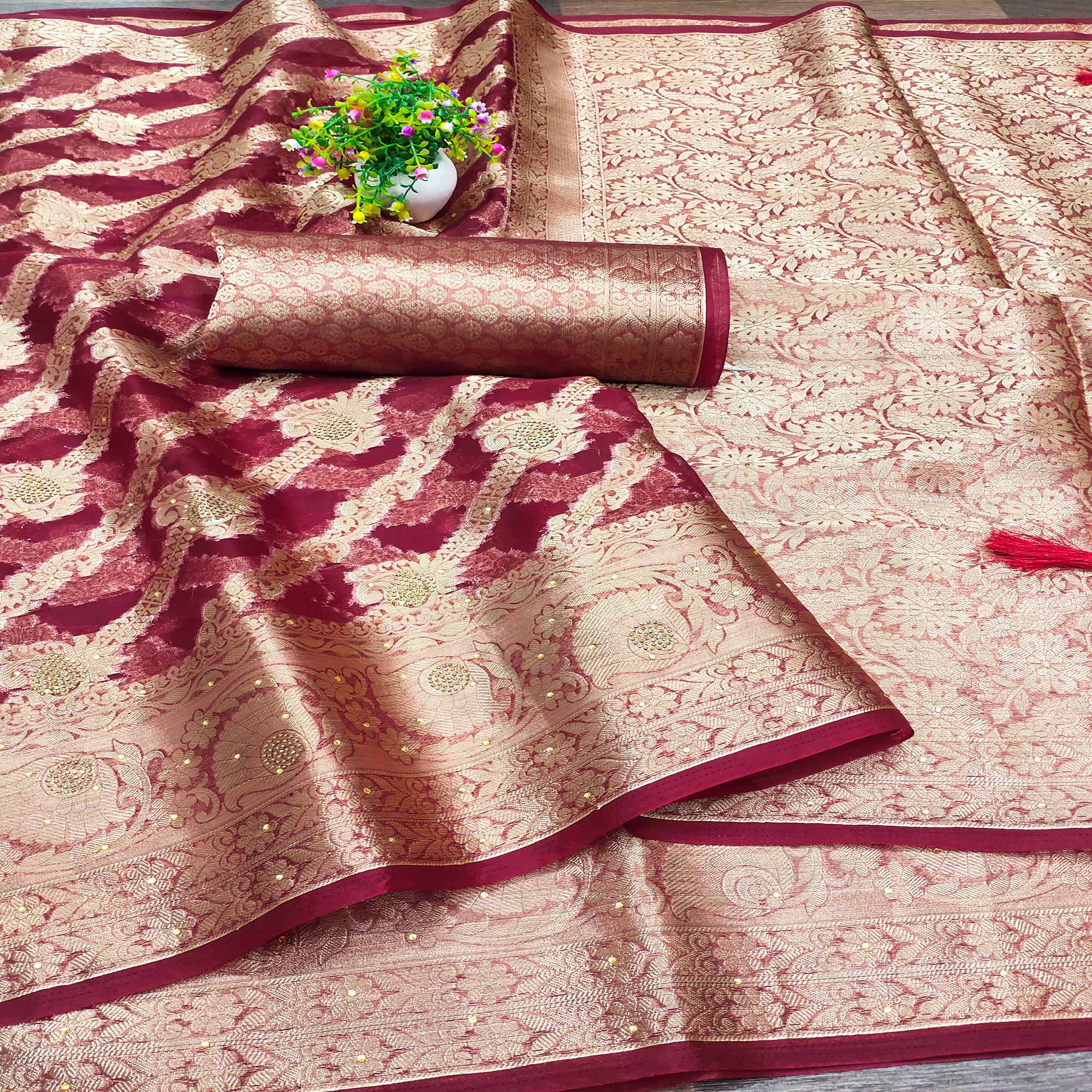 Wine Stone Work Woven Organza Jacquard Saree