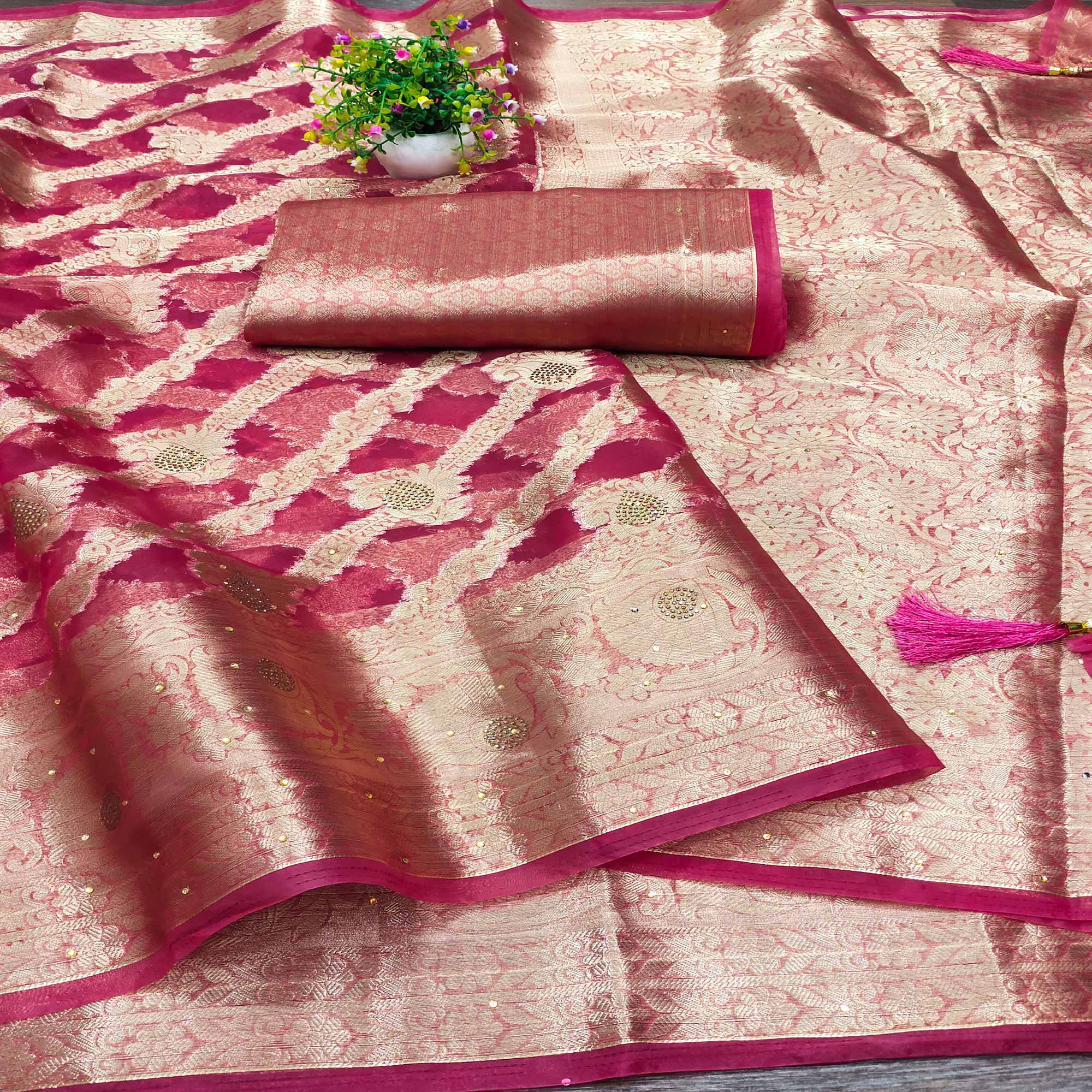 Pink Stone Work Woven Organza Jacquard Saree