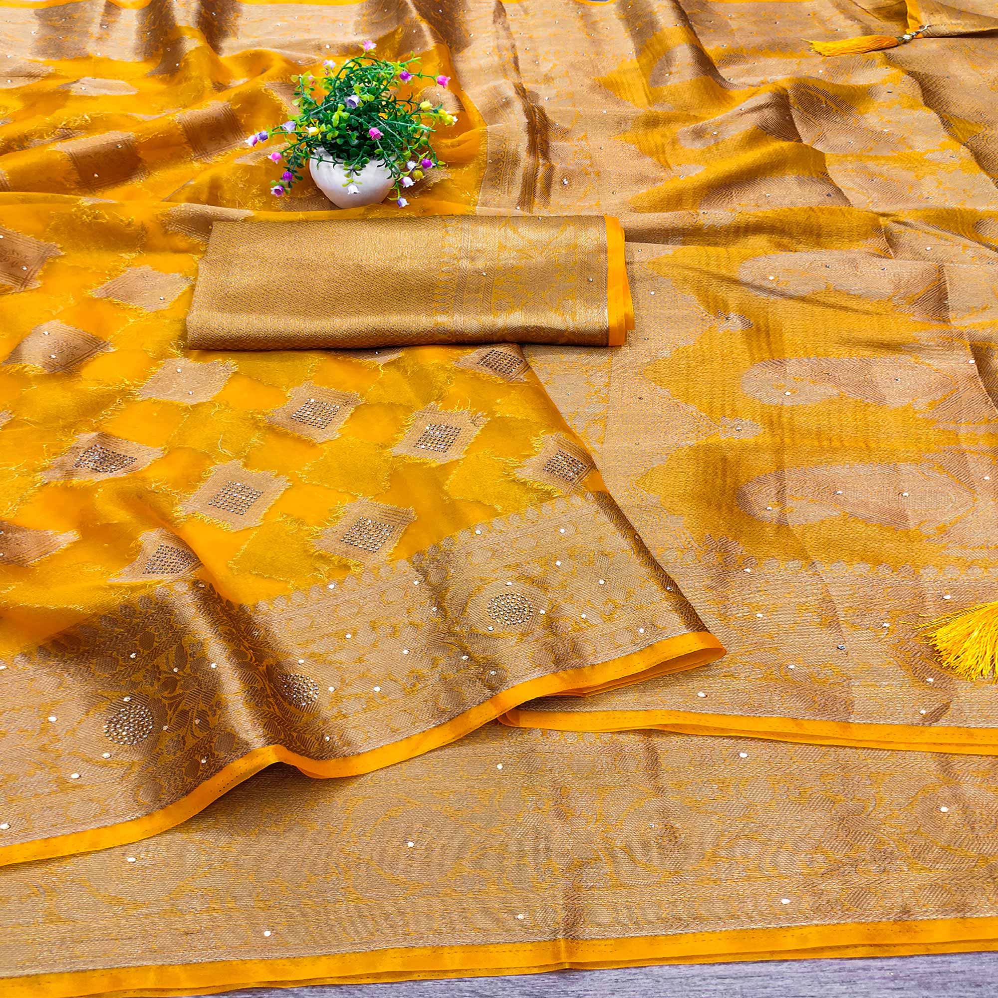 Mustard Woven With Stonework Organza Jacquard Saree