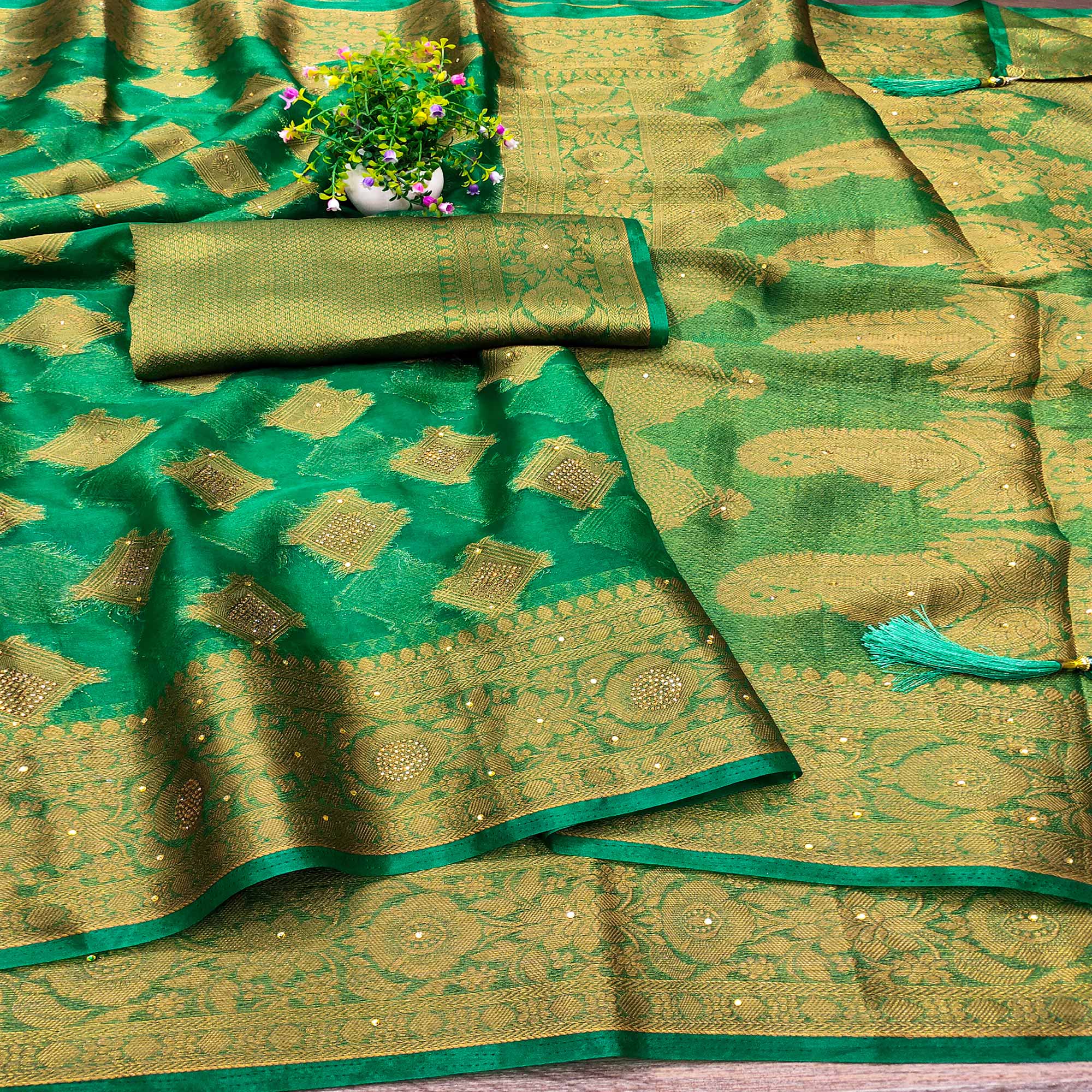 Green Woven With Stonework Organza Jacquard Saree