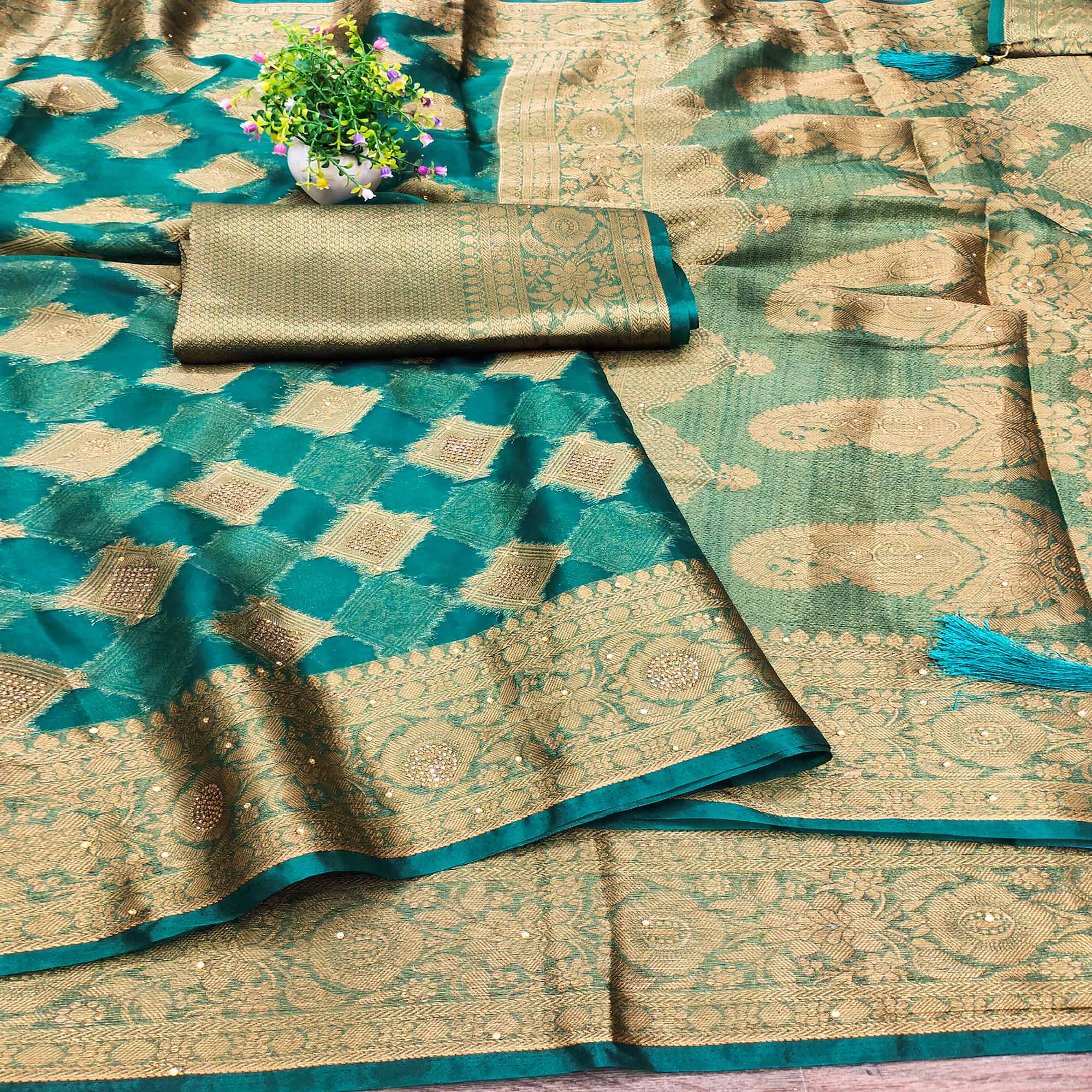 Rama Green Woven With Stonework Organza Jacquard Saree