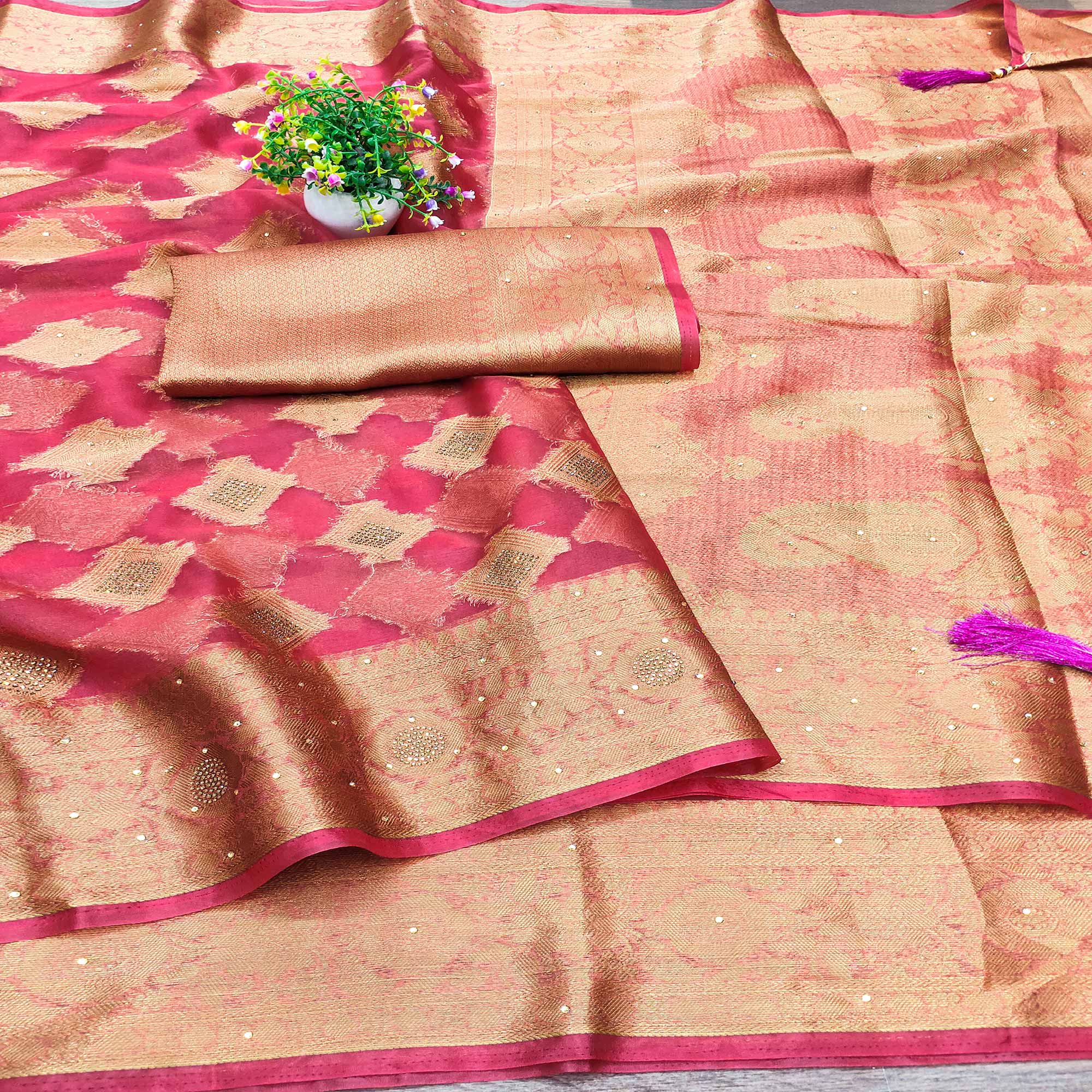 Rani Pink Woven With Stonework Organza Jacquard Saree