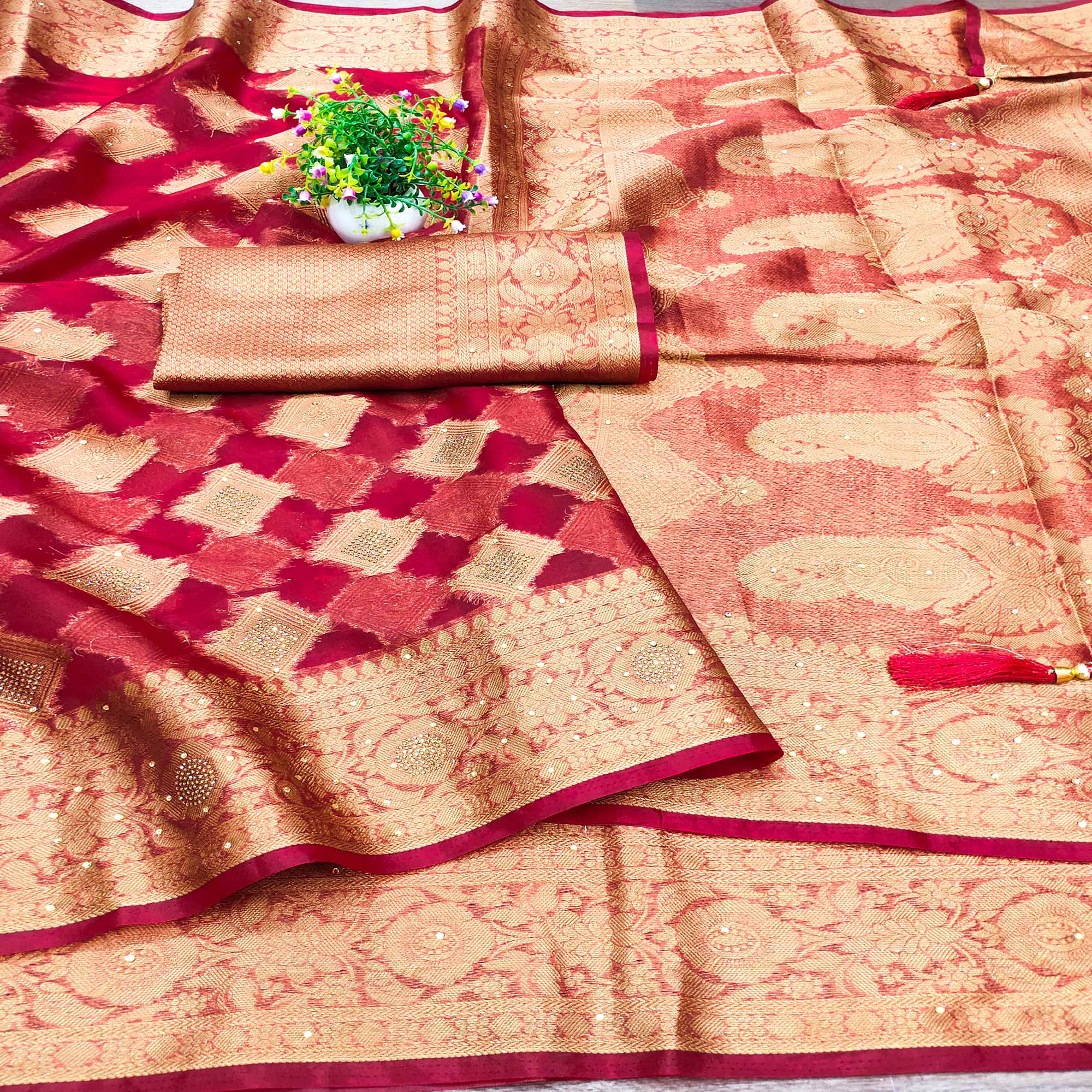 Cherry Red Woven With Stonework Organza Jacquard Saree