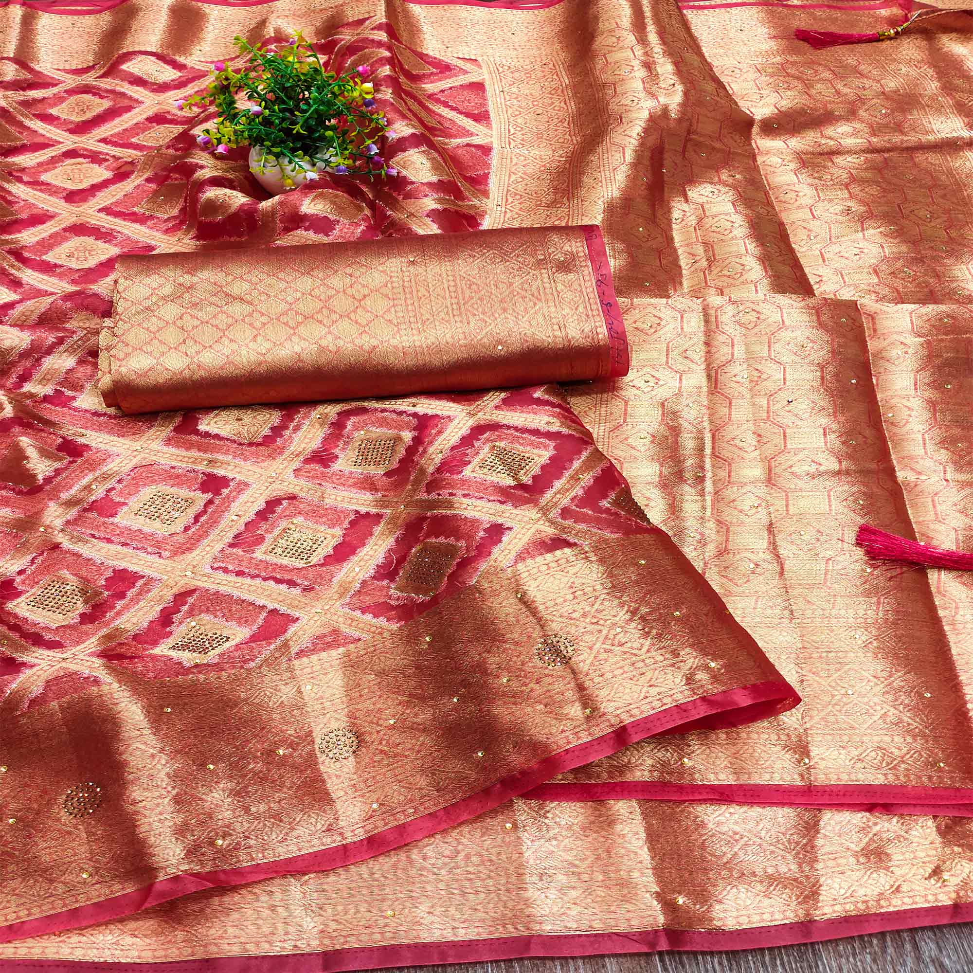 Pink Woven With Stonework Organza Jacquard Saree