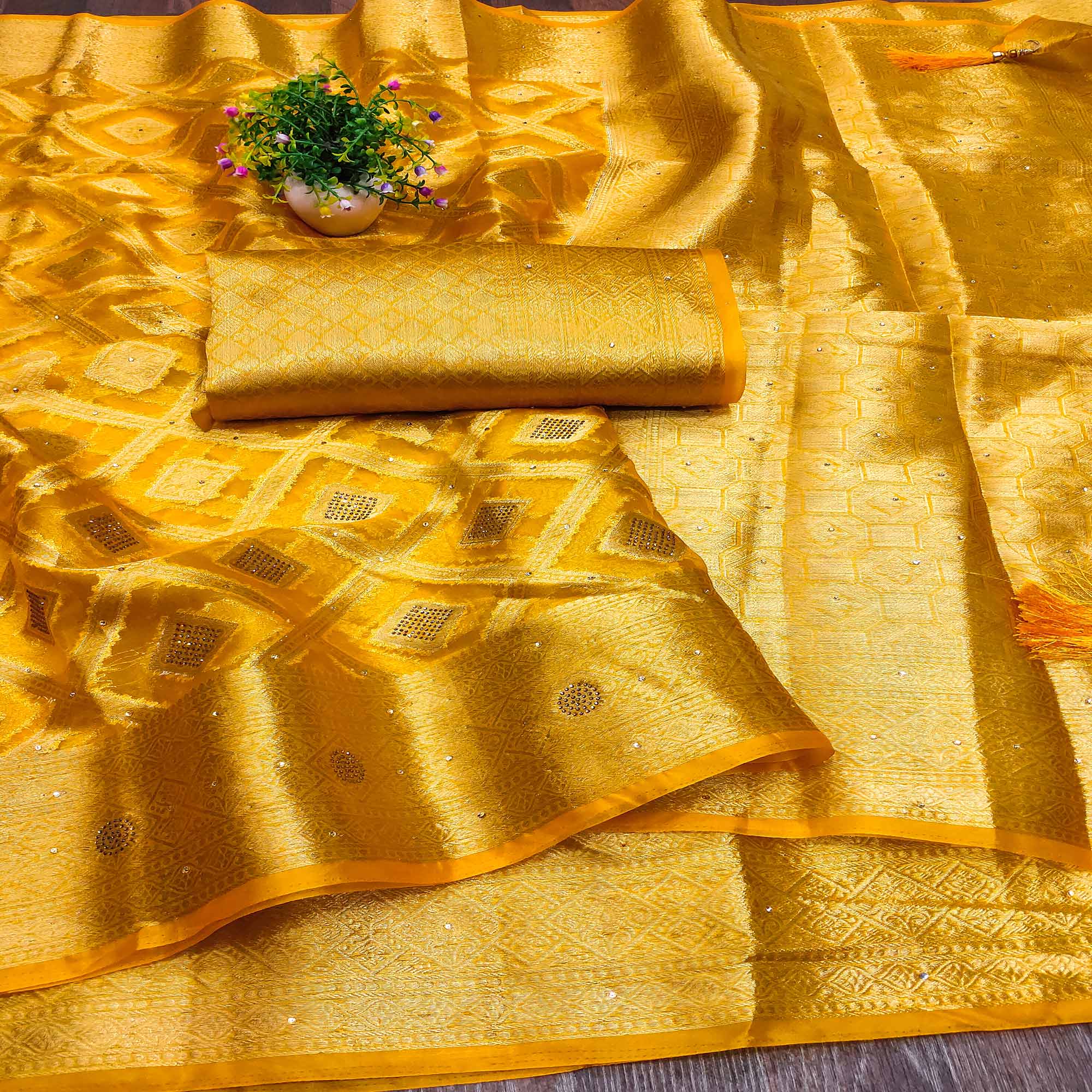 Mustard Woven With Stonework Organza Jacquard Saree