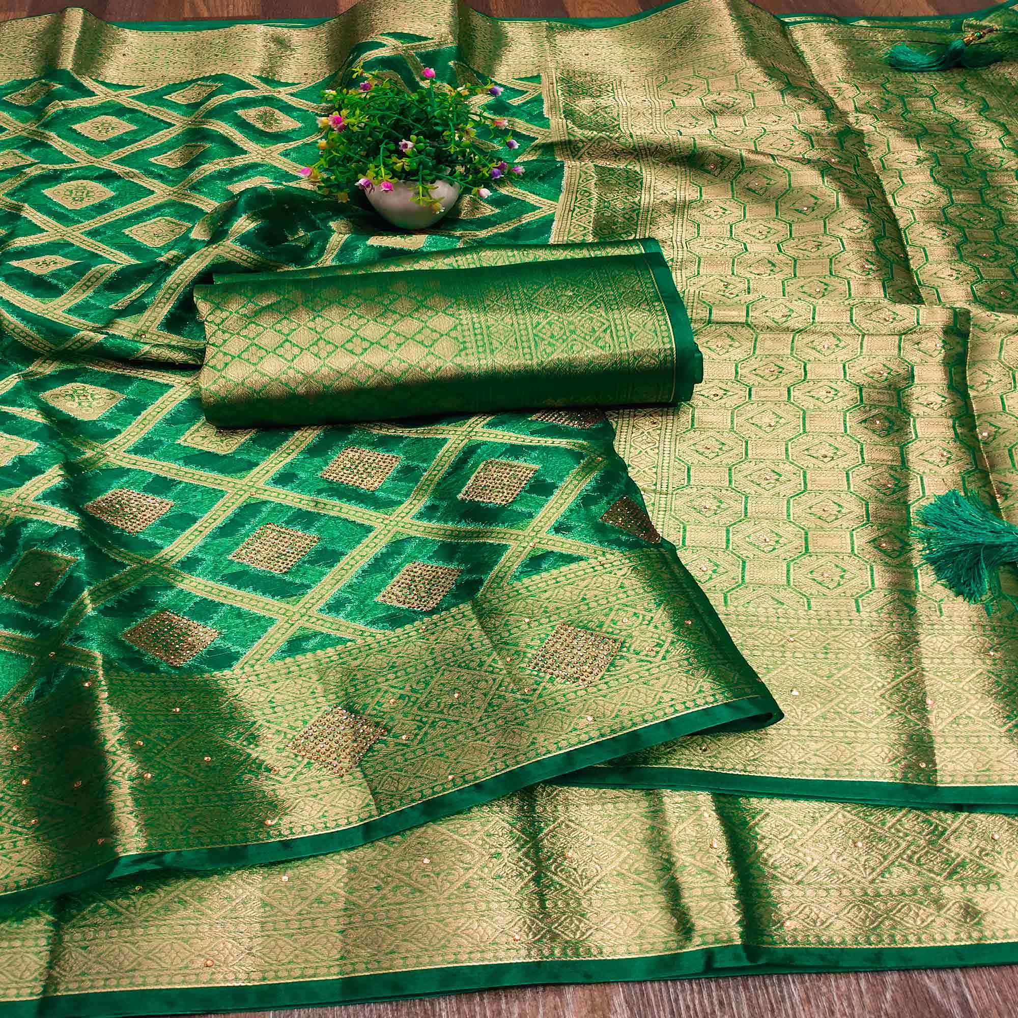 Green Woven With Stonework Organza Jacquard Saree