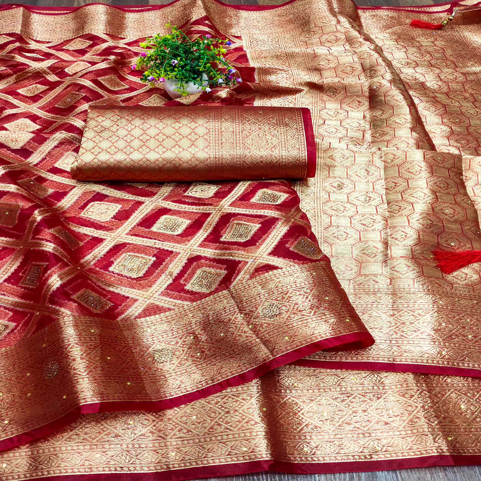 Cherry Red Woven With Stonework Organza Jacquard Saree