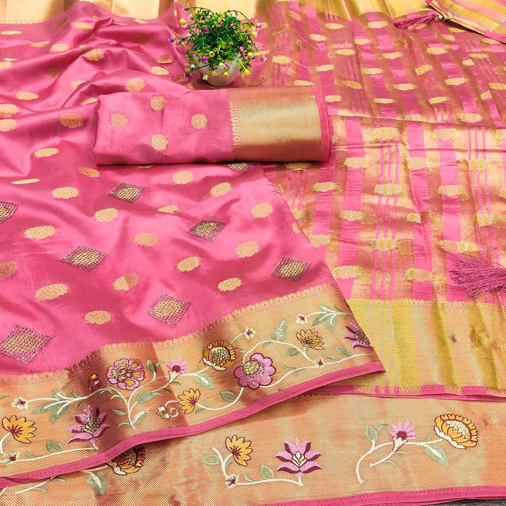 Pink Zari Woven Jacquard Saree With Embroidery Border
