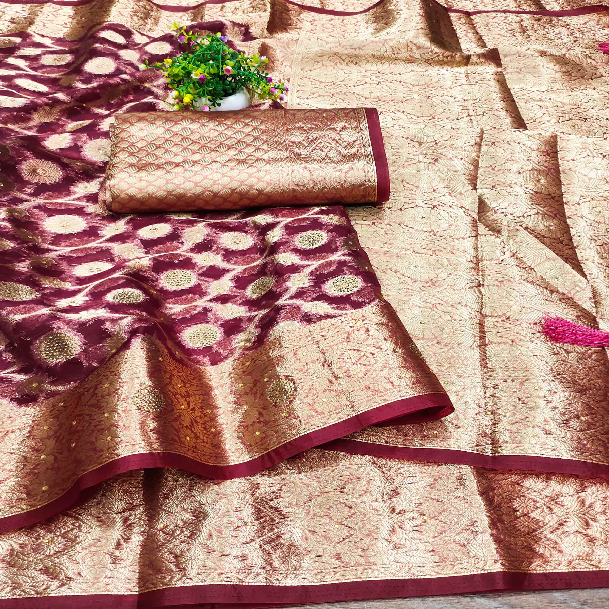 Wine Stone Work Woven Organza Jacquard Saree
