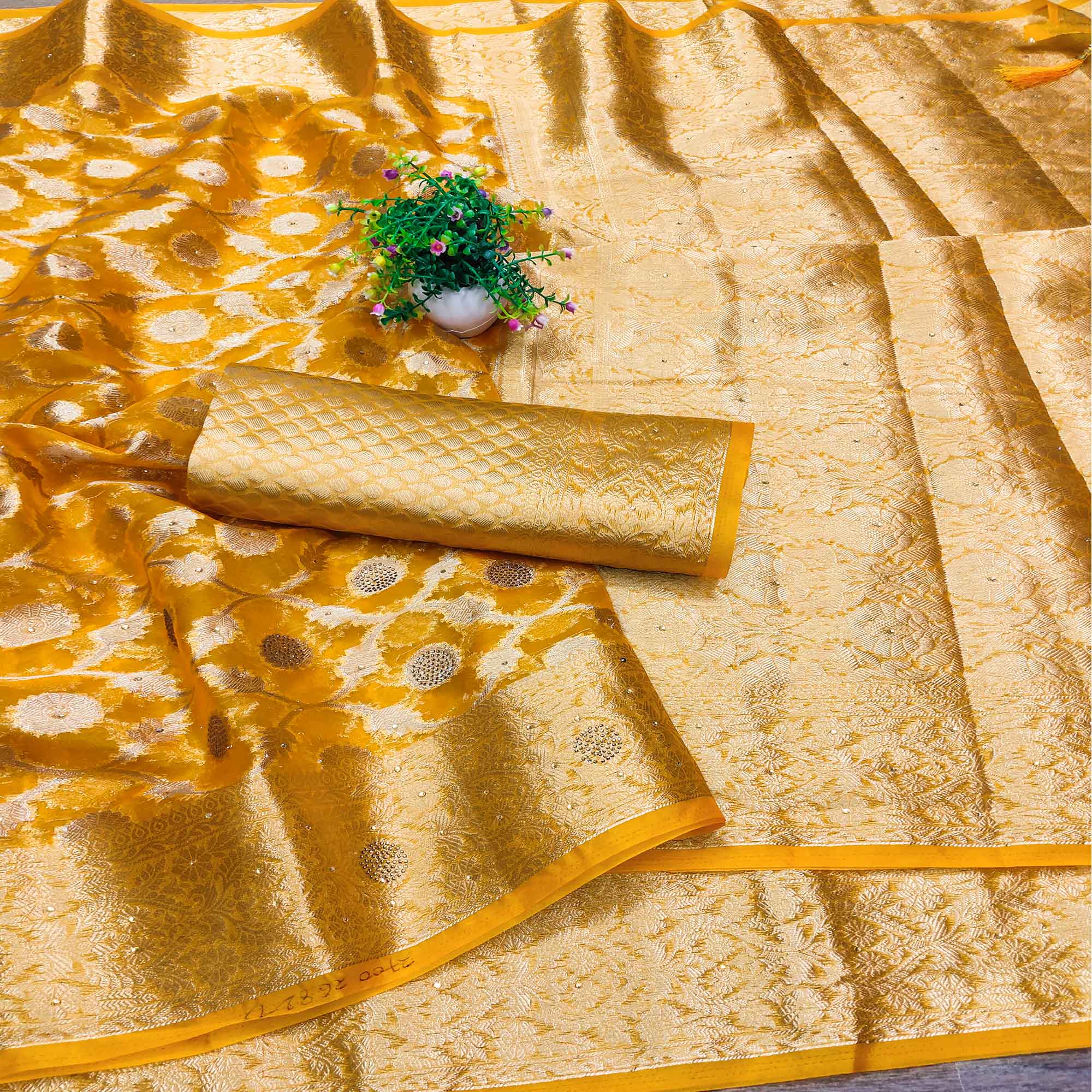 Yellow Stone Work Woven Organza Jacquard Saree