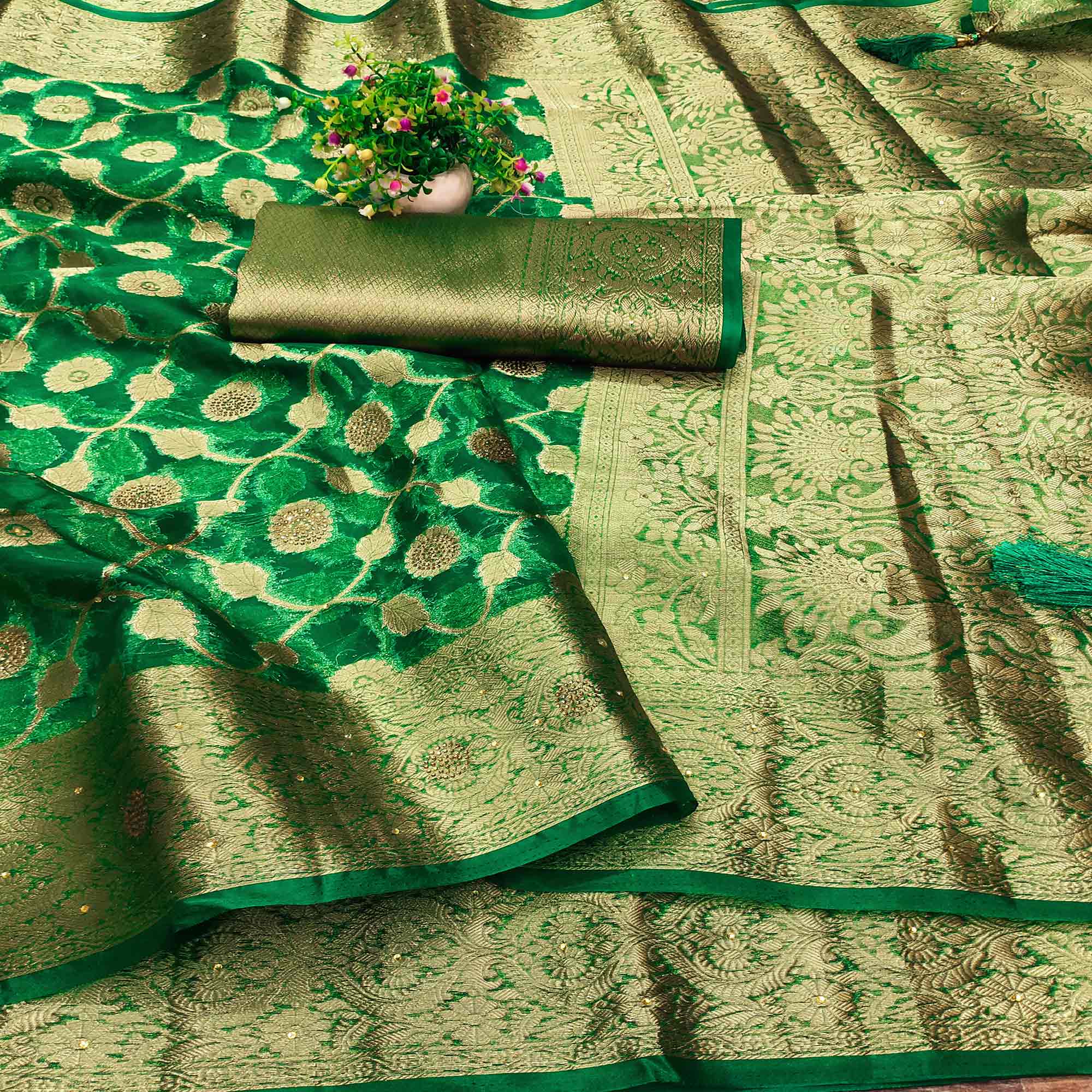 Green Stone Work Woven Organza Jacquard Saree