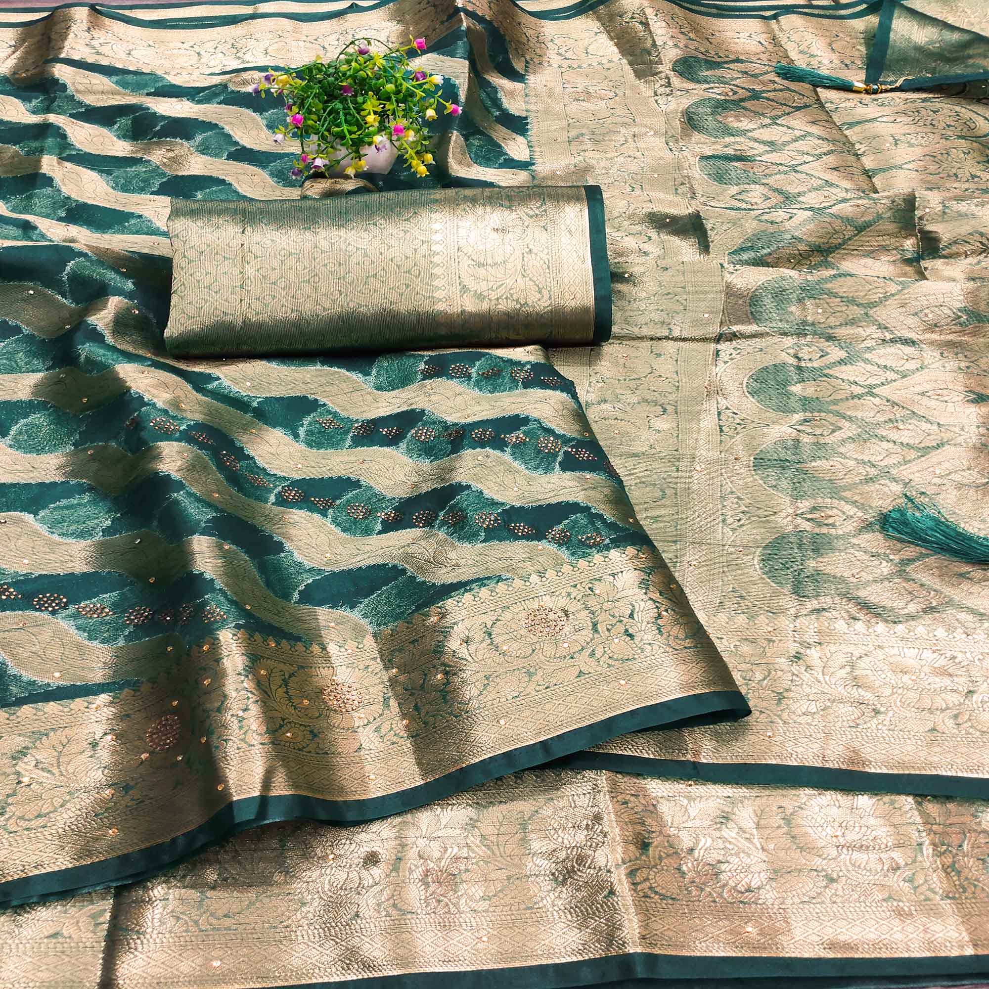 Dark Teal Stone Work Woven Organza Jacquard Saree