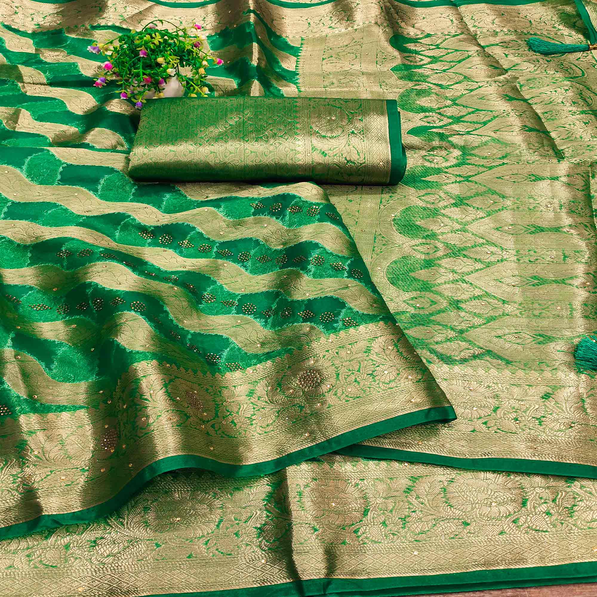 Green Stone Work Woven Organza Jacquard Saree