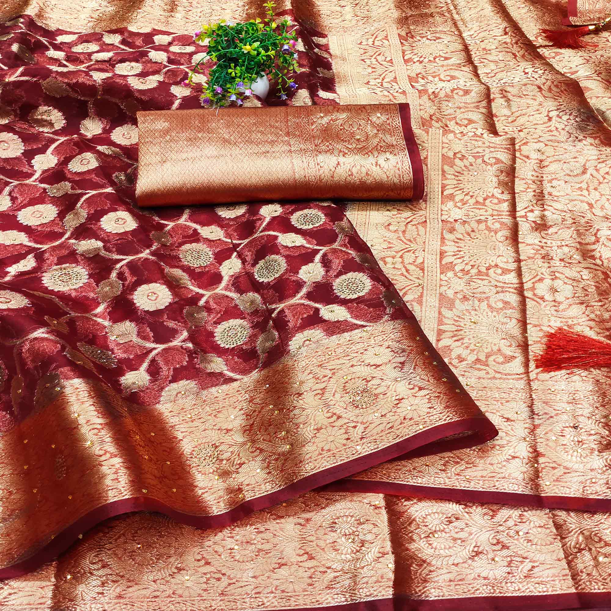 Red Stone Work Woven Organza Jacquard Saree