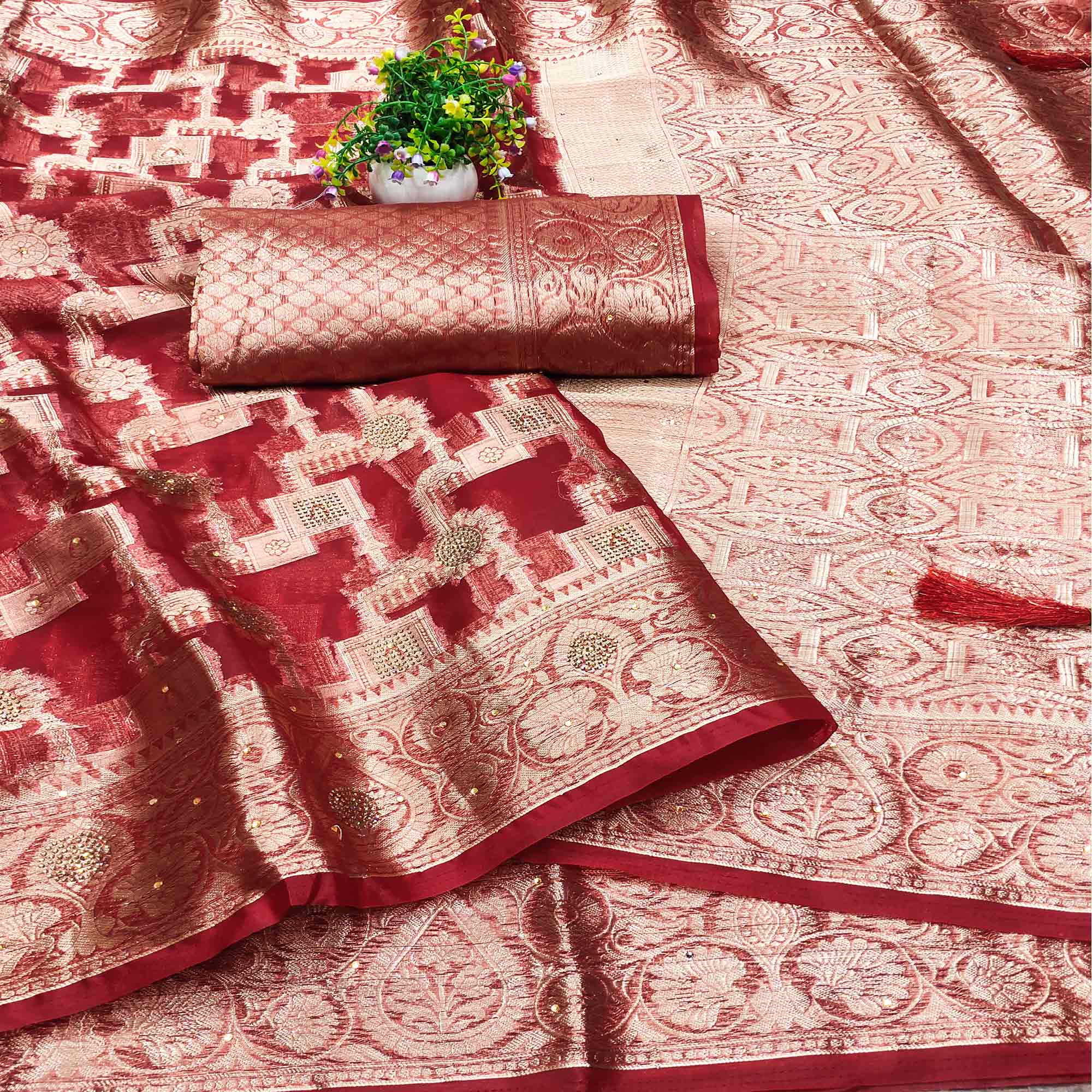 Red Stone Work Woven Organza Jacquard Saree