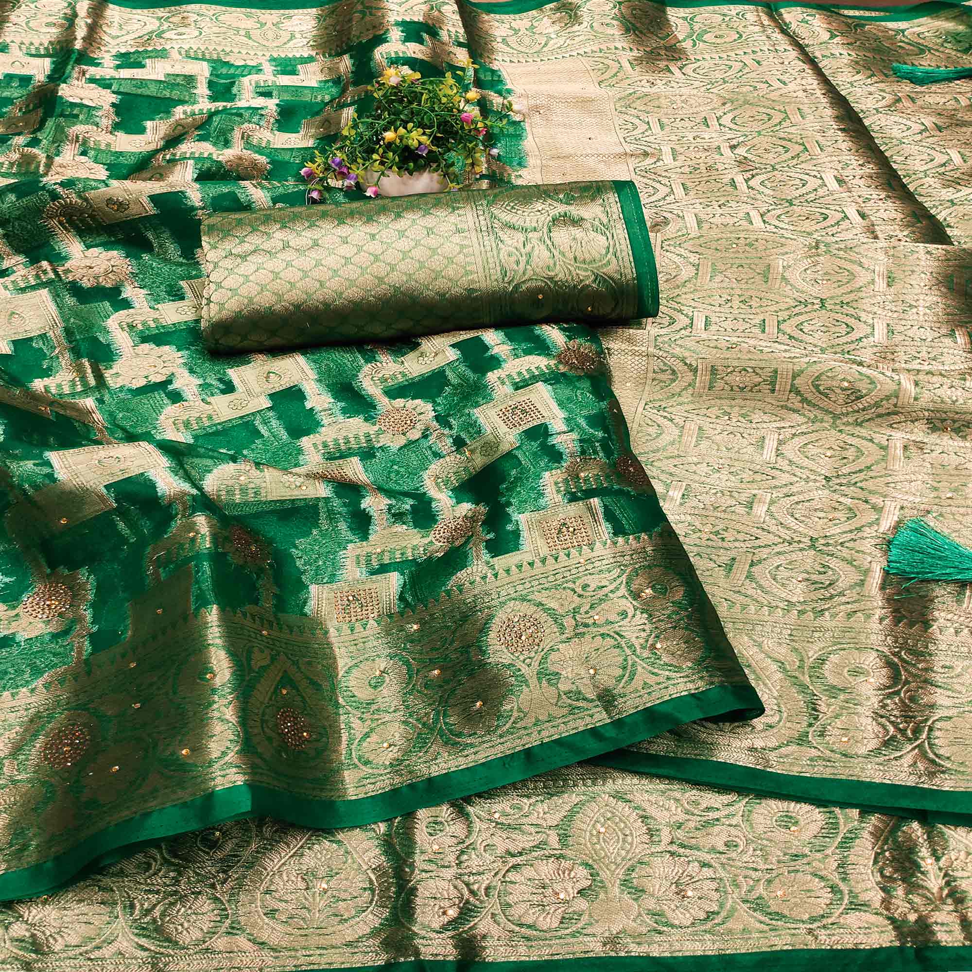 Green Stone Work Woven Organza Jacquard Saree