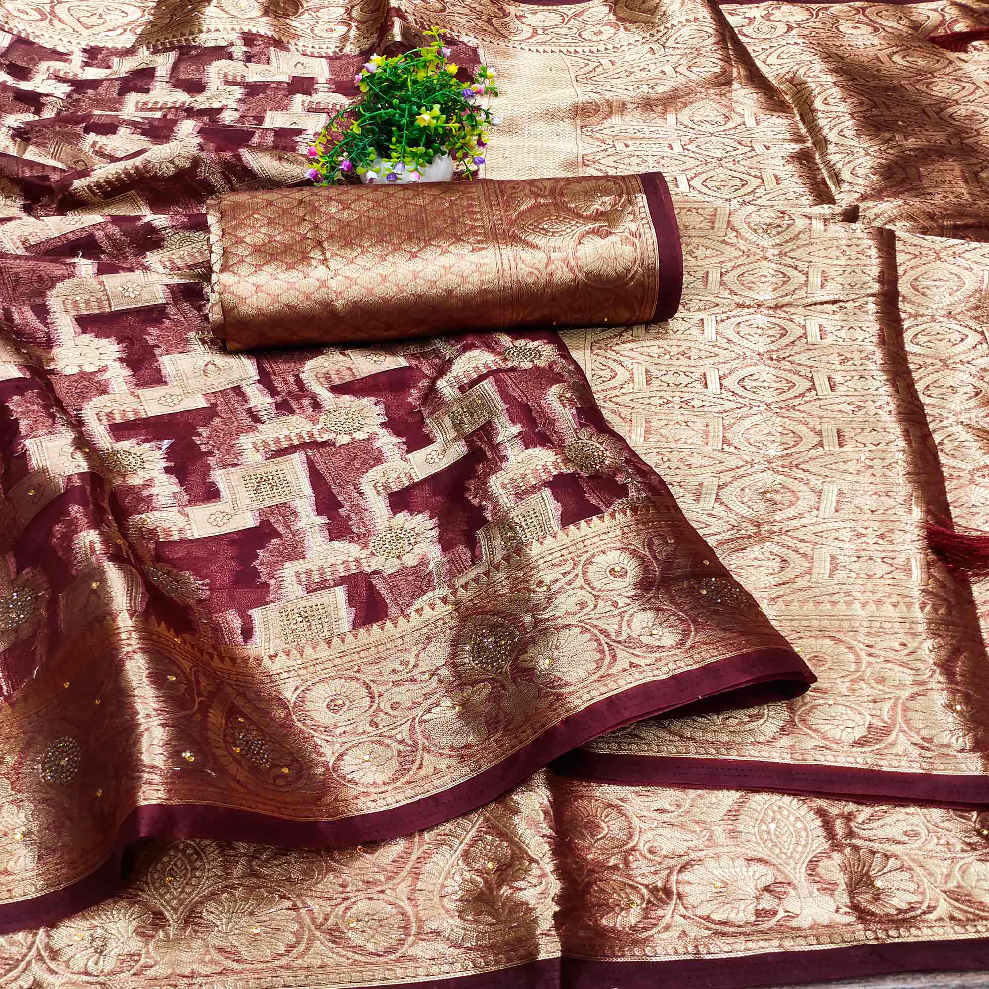 Wine Stone Work Woven Organza Jacquard Saree