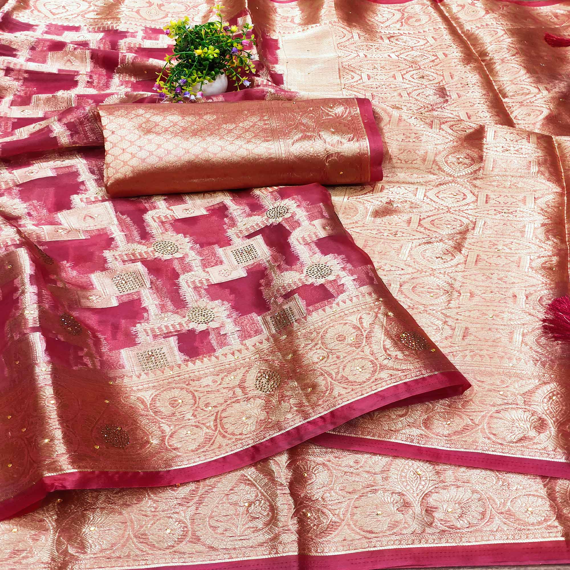 Pink Stone Work Woven Organza Jacquard Saree