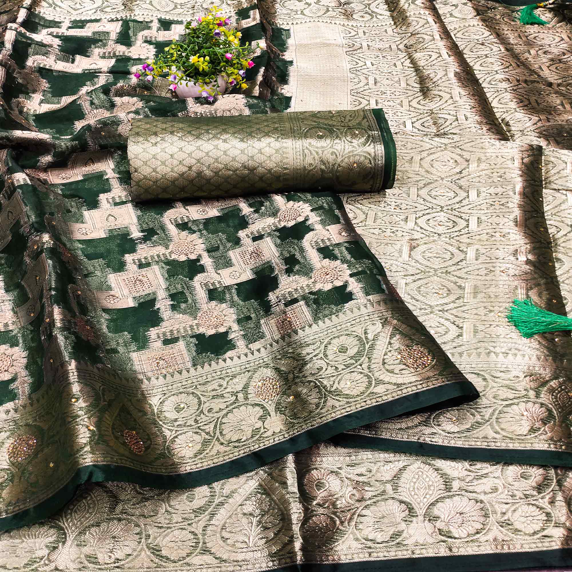 Dark Green Stone Work Woven Organza Jacquard Saree