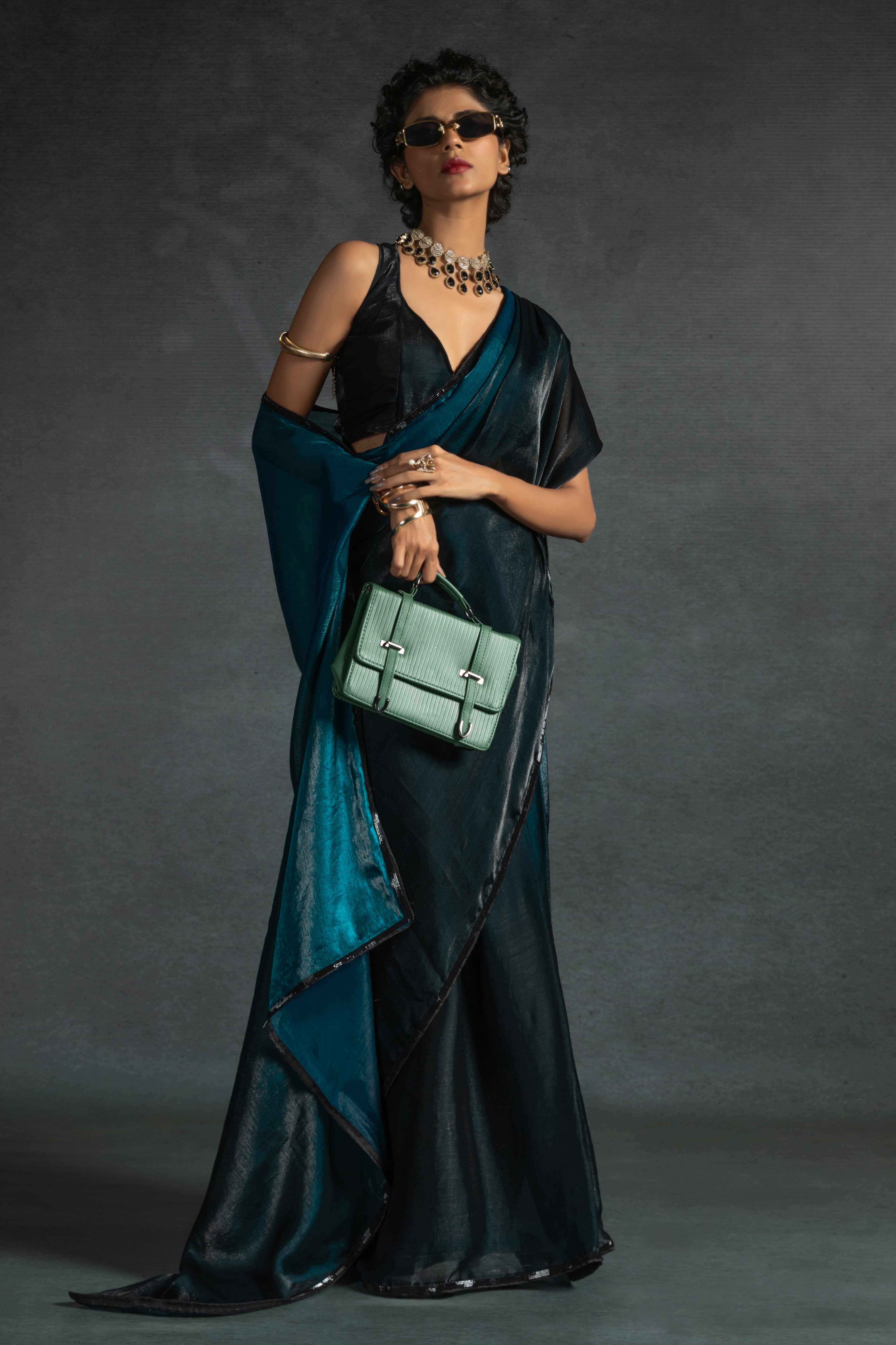 Teal Satin Ready To Wear Saree with Soft Ombre Tones and Intricate Stone Border