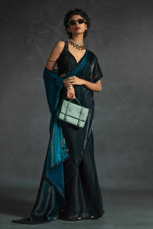 Teal Satin Ready To Wear Saree with Soft Ombre Tones and Intricate Stone Border - Image 1