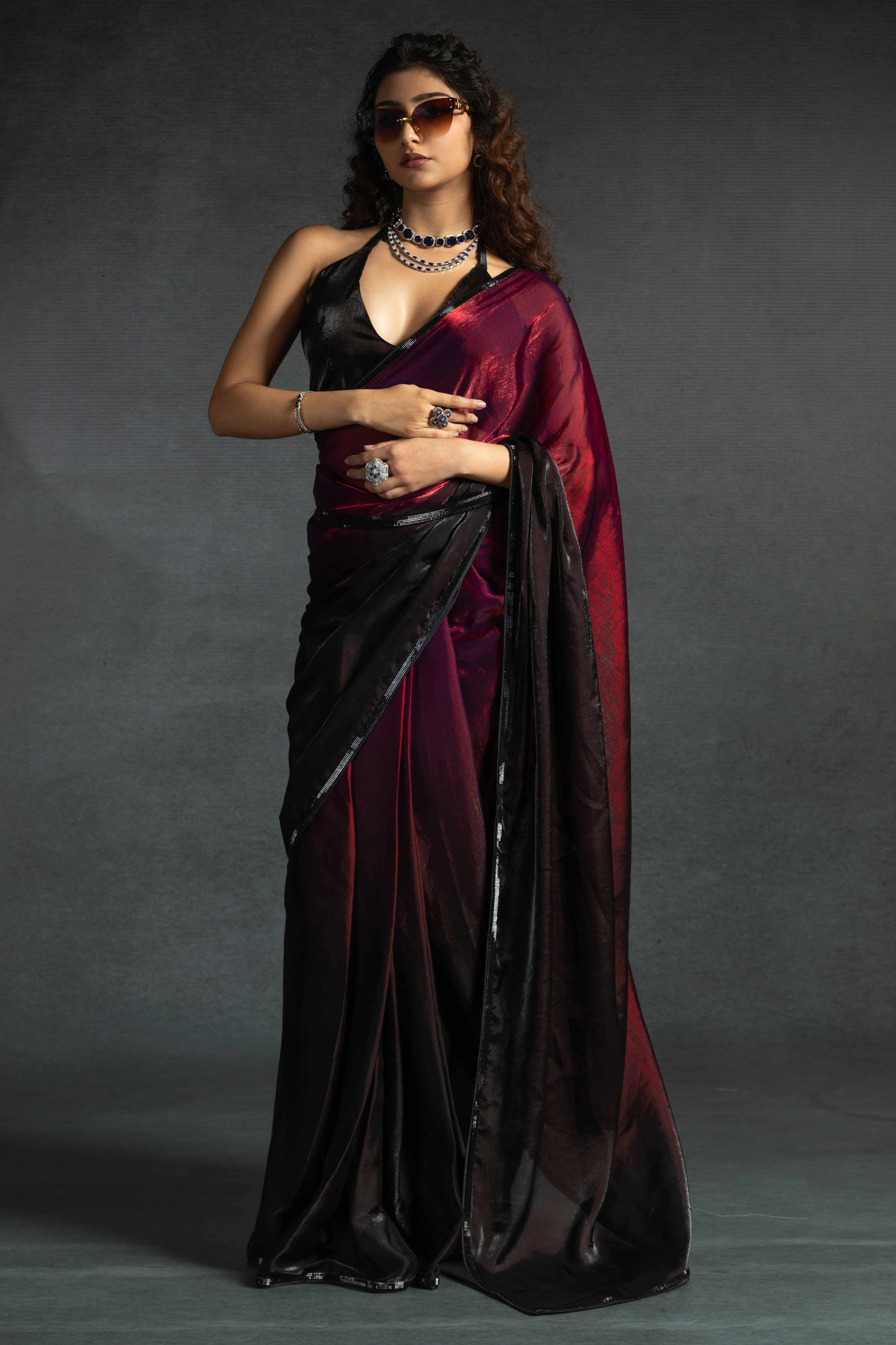 Cherry Red Satin Ready To Wear Saree with Soft Ombre Tones and Intricate Stone Border