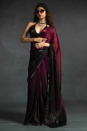 Cherry Red Satin Ready To Wear Saree with Soft Ombre Tones and Intricate Stone Border