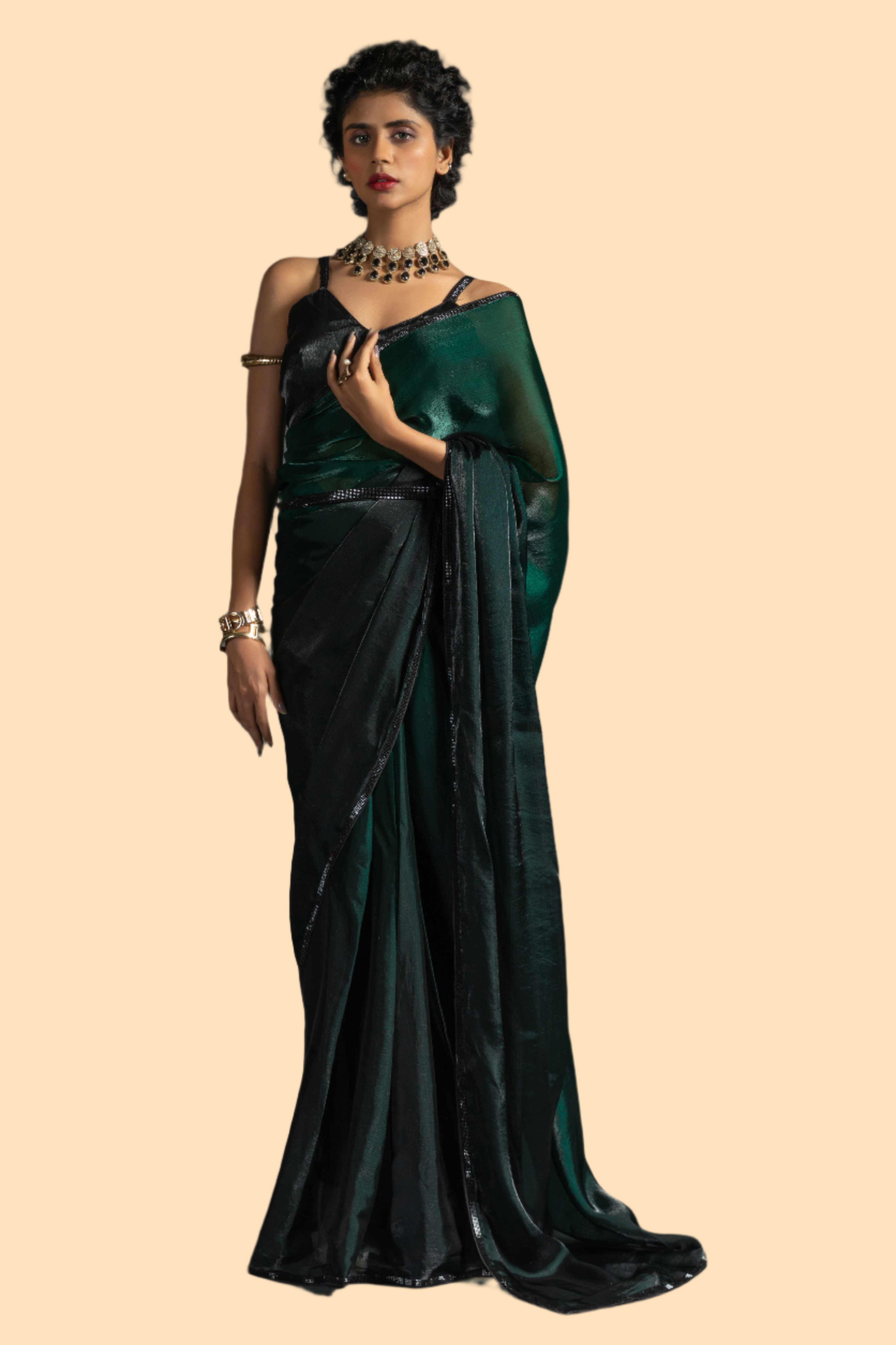 Bottle Green Satin Ready To Wear Saree with Soft Ombre Tones and Intricate Stone Border