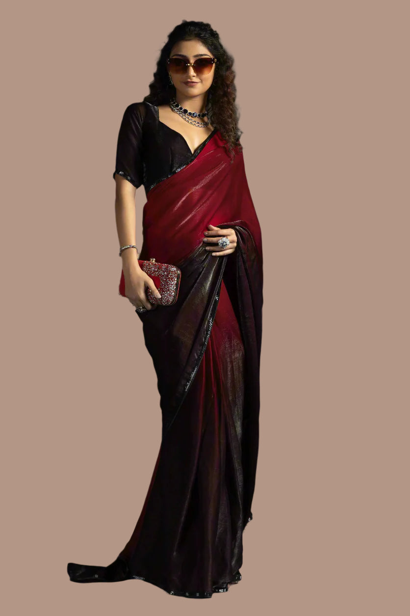 Maroon Satin Ready To Wear Saree with Soft Ombre Tones and Intricate Stone Border