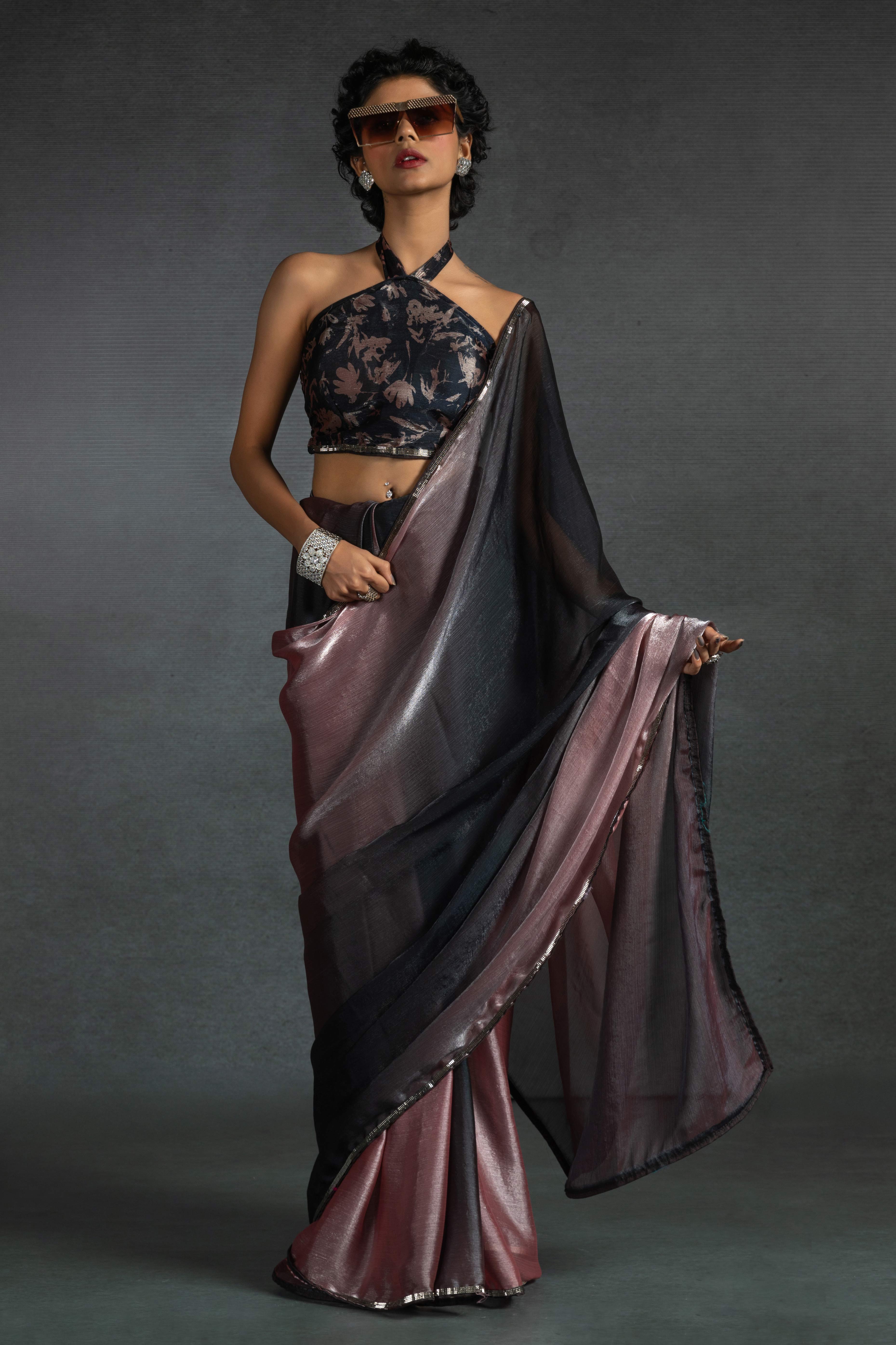 Onion Pink Solid With Stone Work Satin Silk Ombre Ready To Wear Saree