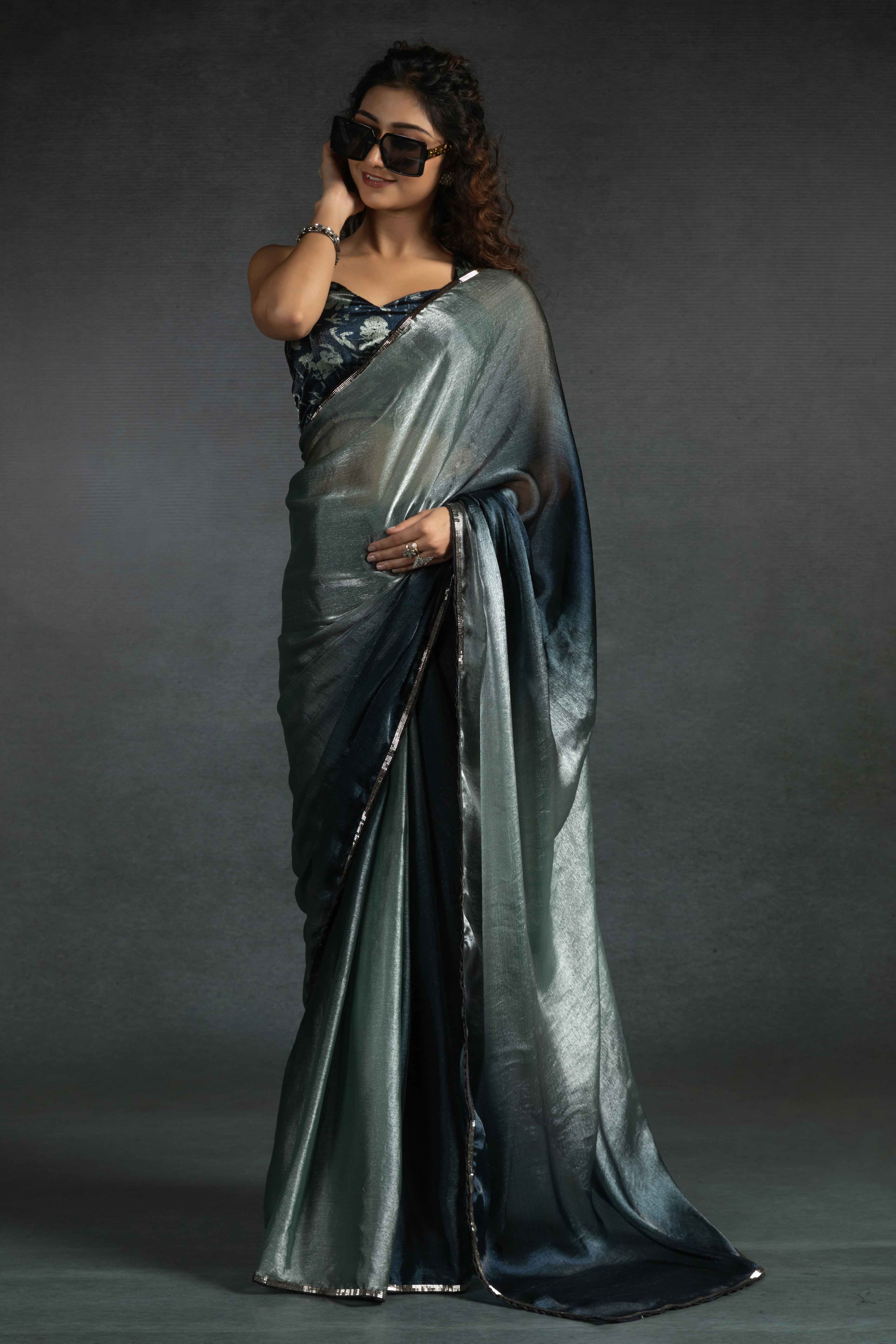 Pastel Grey Solid With Stone Work Satin Silk Ombre Ready To Wear Saree