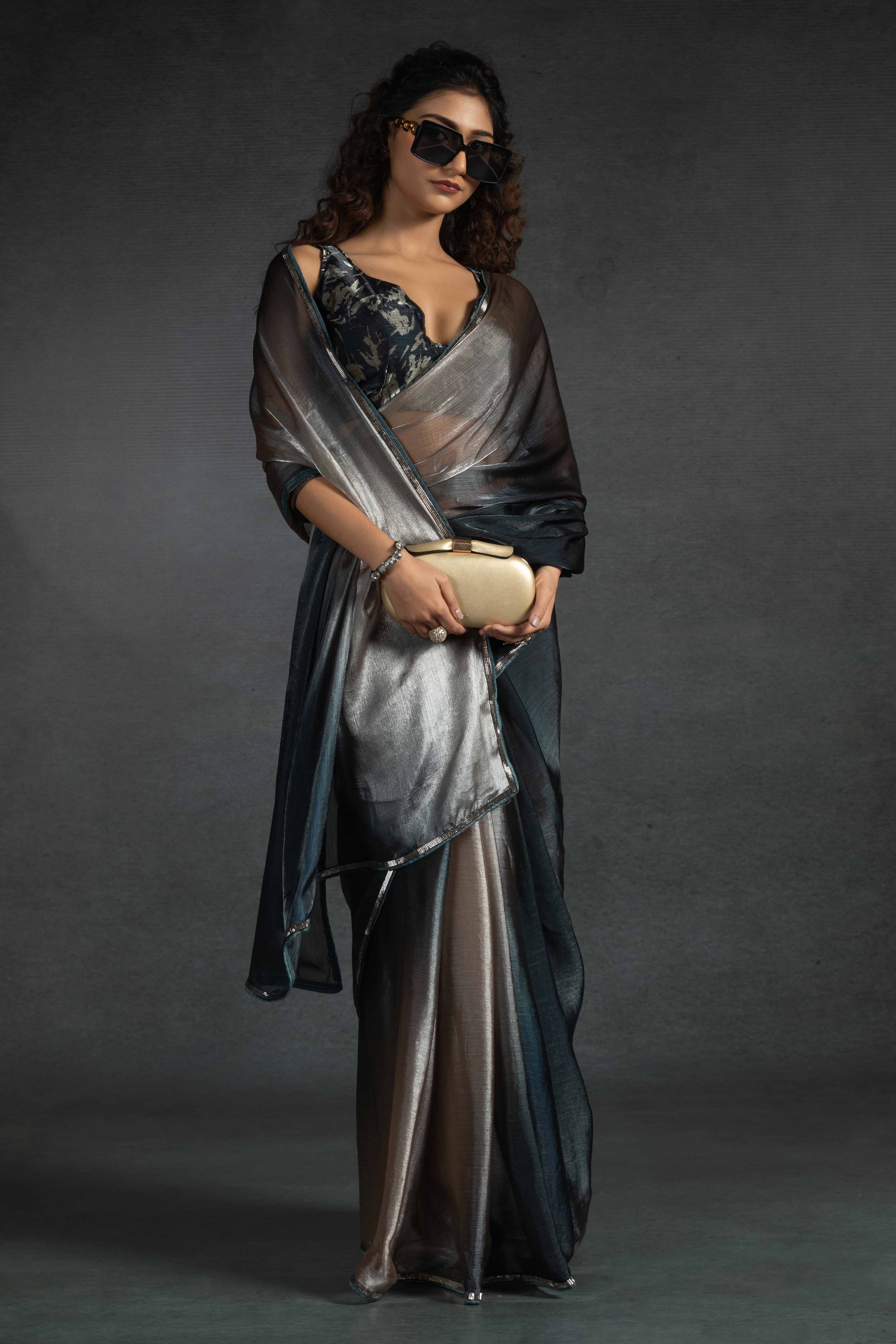 Brown Solid With Stone Work Satin Silk Ombre Ready To Wear Saree