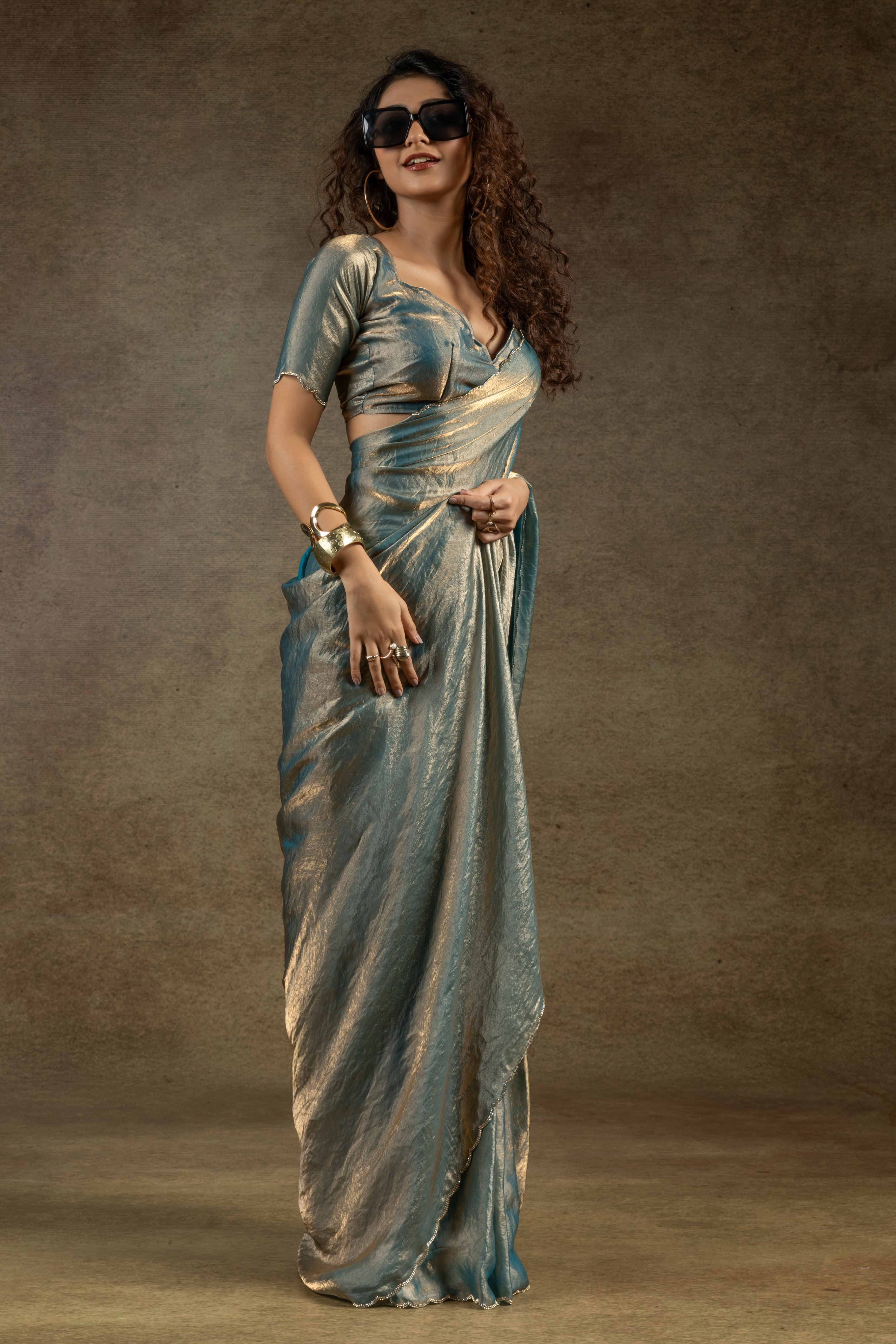 Sky Blue Solid With Diamond Work Satin Ready To Wear Saree