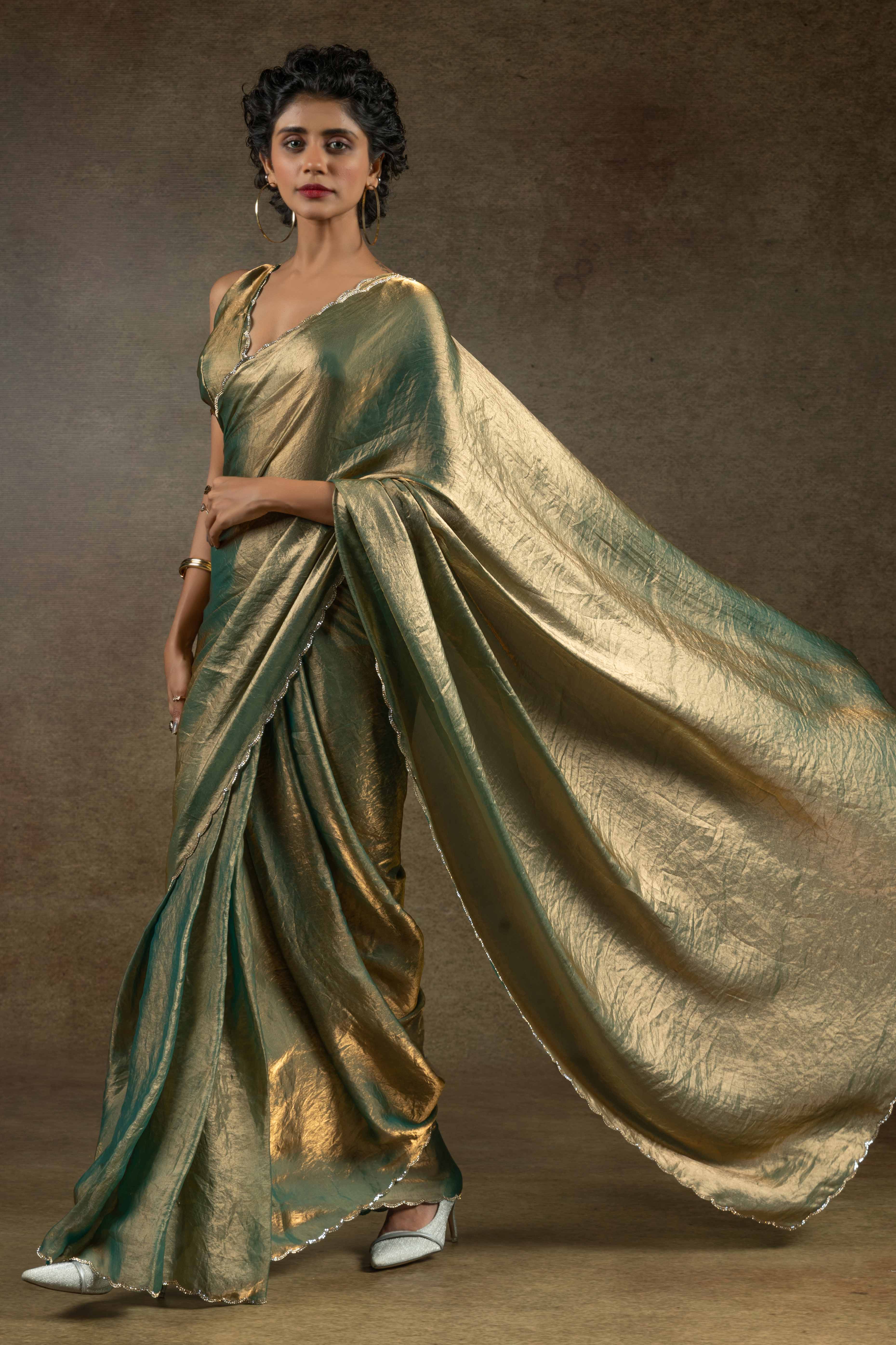 Green Solid With Diamond Work Satin Ready To Wear Saree