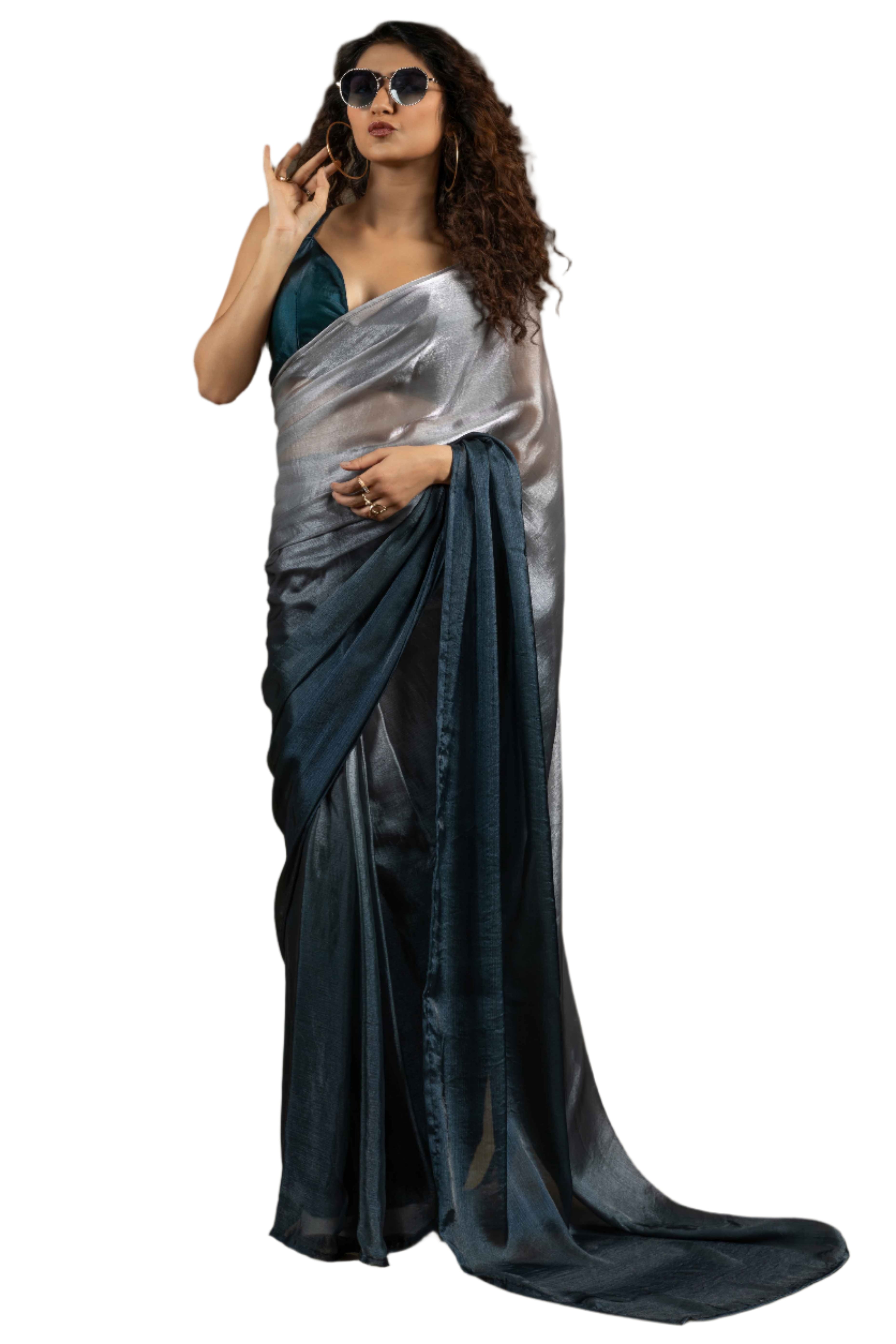 Grey & Teal Ombre Satin Saree in Solid Finish with Ready-to-Wear Silhouette