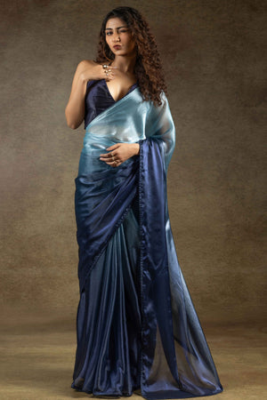 Bluish Grey & Navy Blue Ombre Satin Saree in Solid Finish with Ready-to-Wear Silhouette