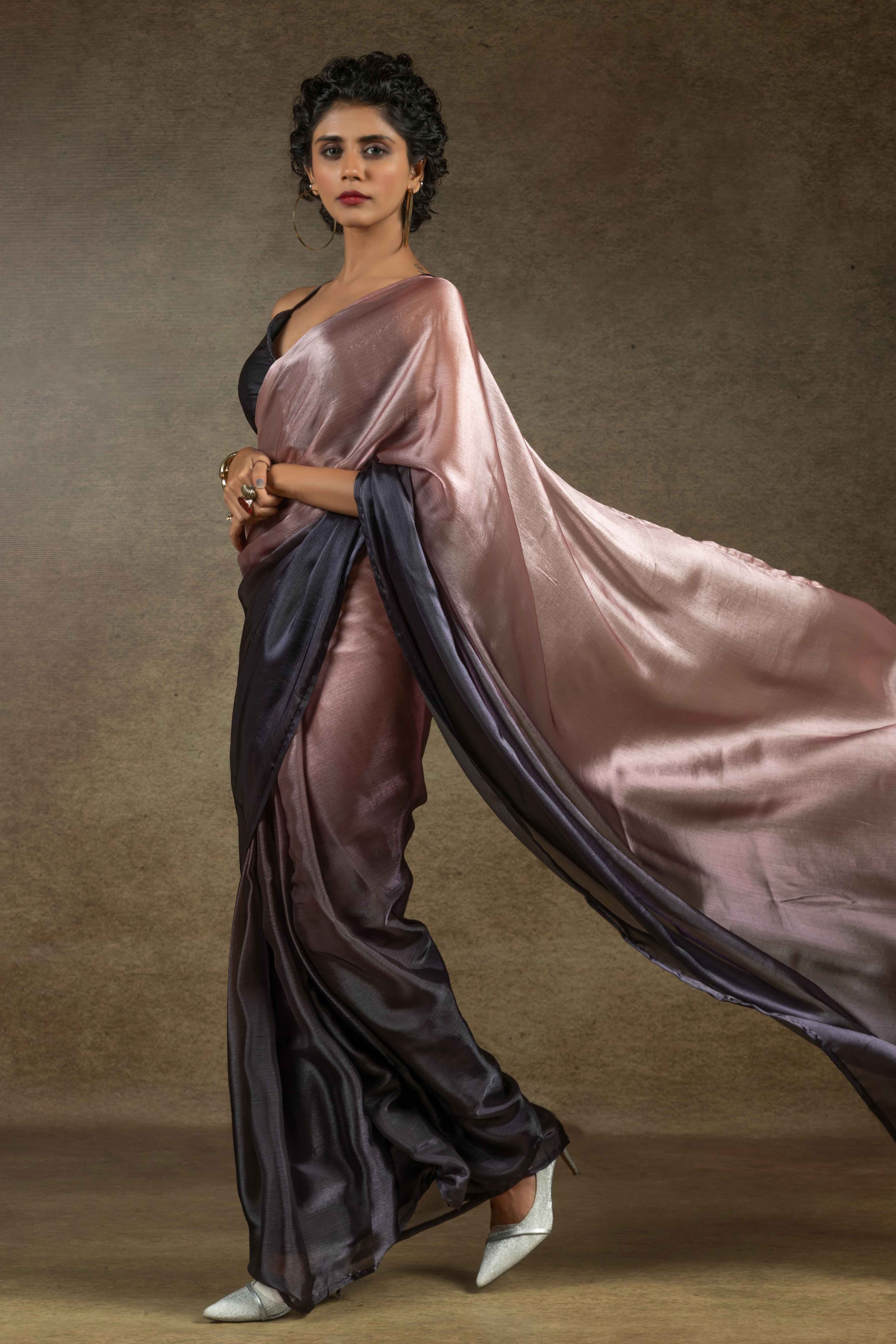 Peach & Brown Ombre Satin Saree in Solid Finish with Ready-to-Wear Silhouette