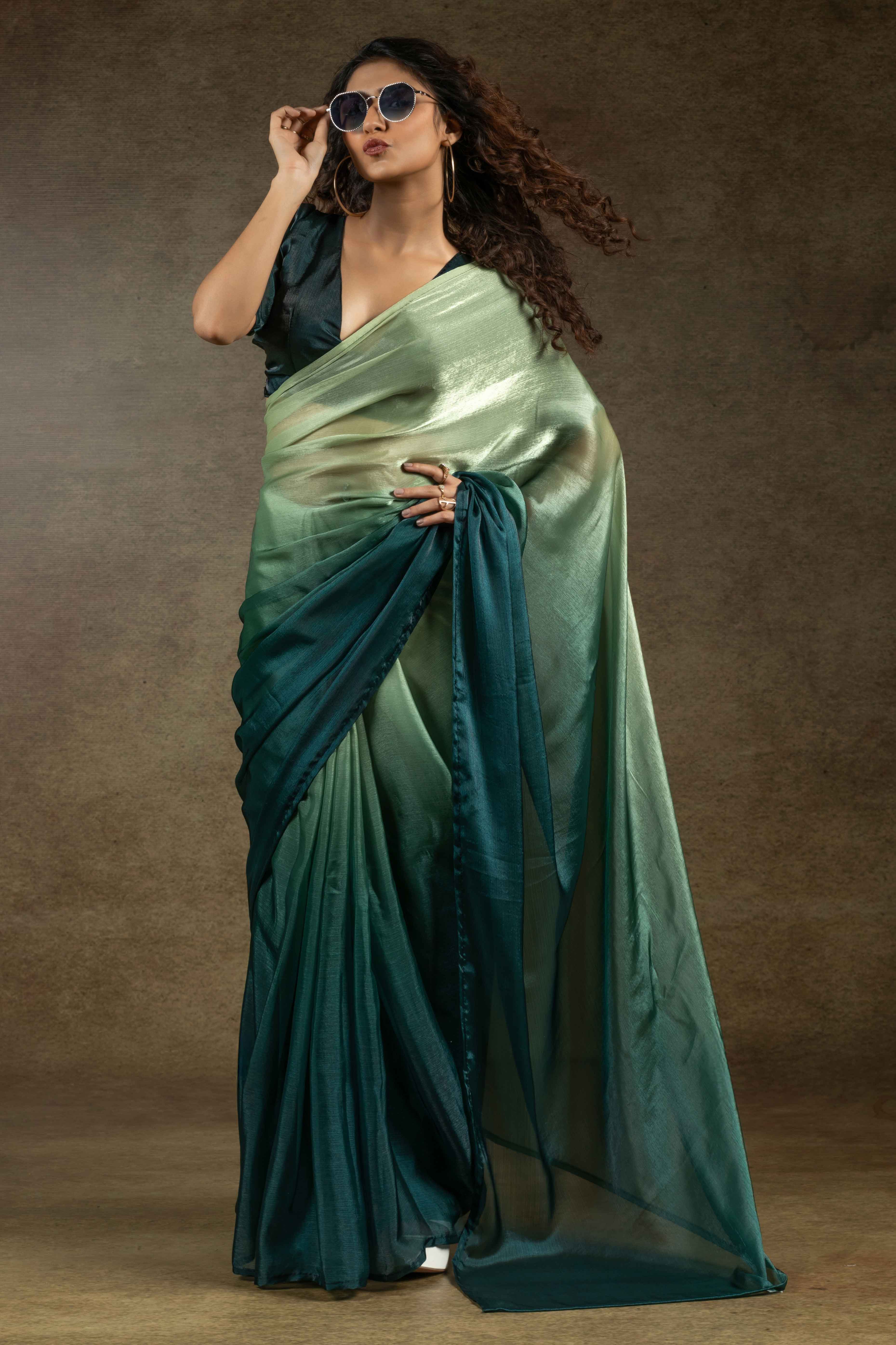 Pista Green & Bottle Green Ombre Satin Saree in Solid Finish with Ready-to-Wear Silhouette