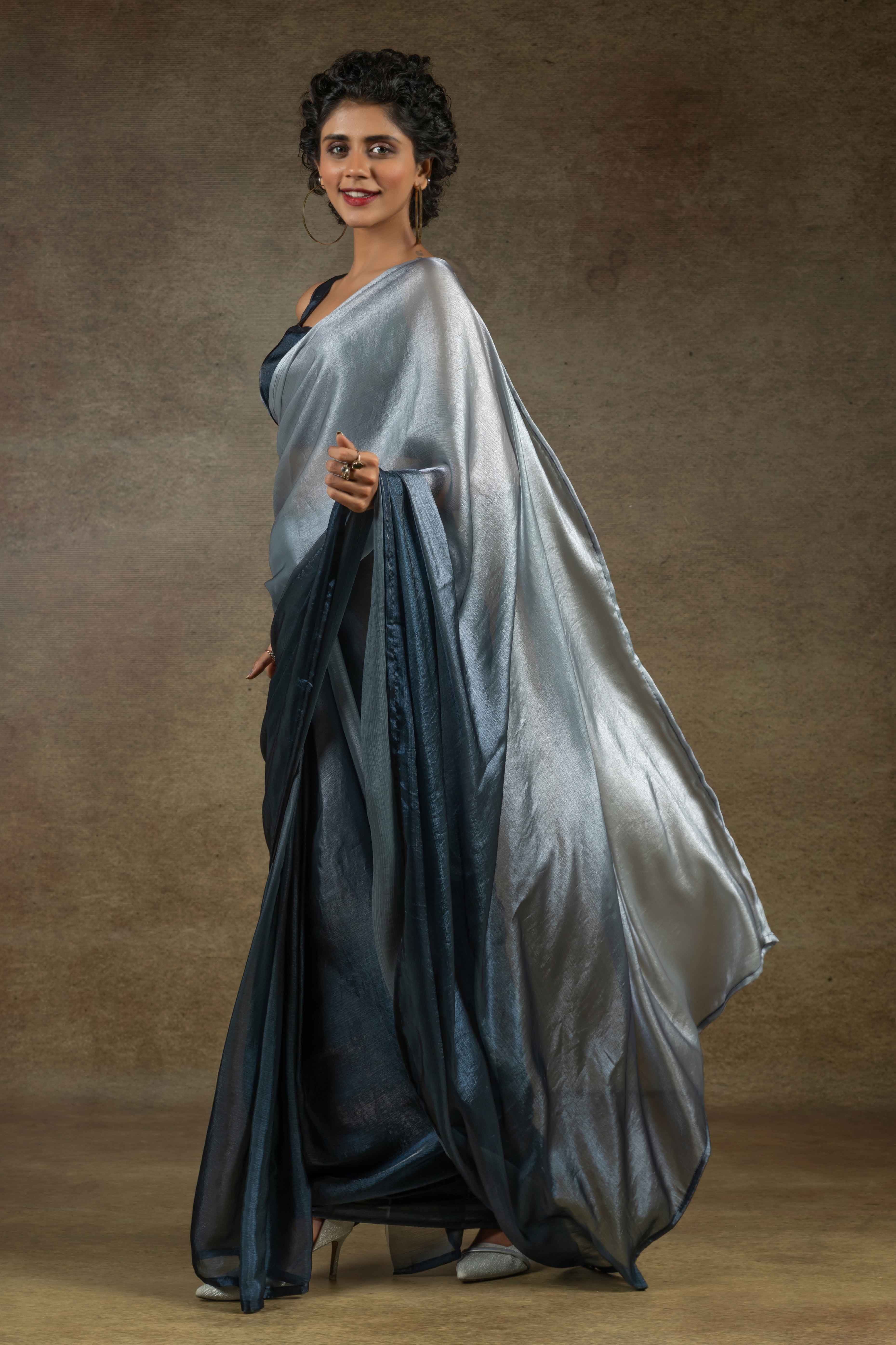 Grey & Navy Blue Ombre Satin Saree in Solid Finish with Ready-to-Wear Silhouette