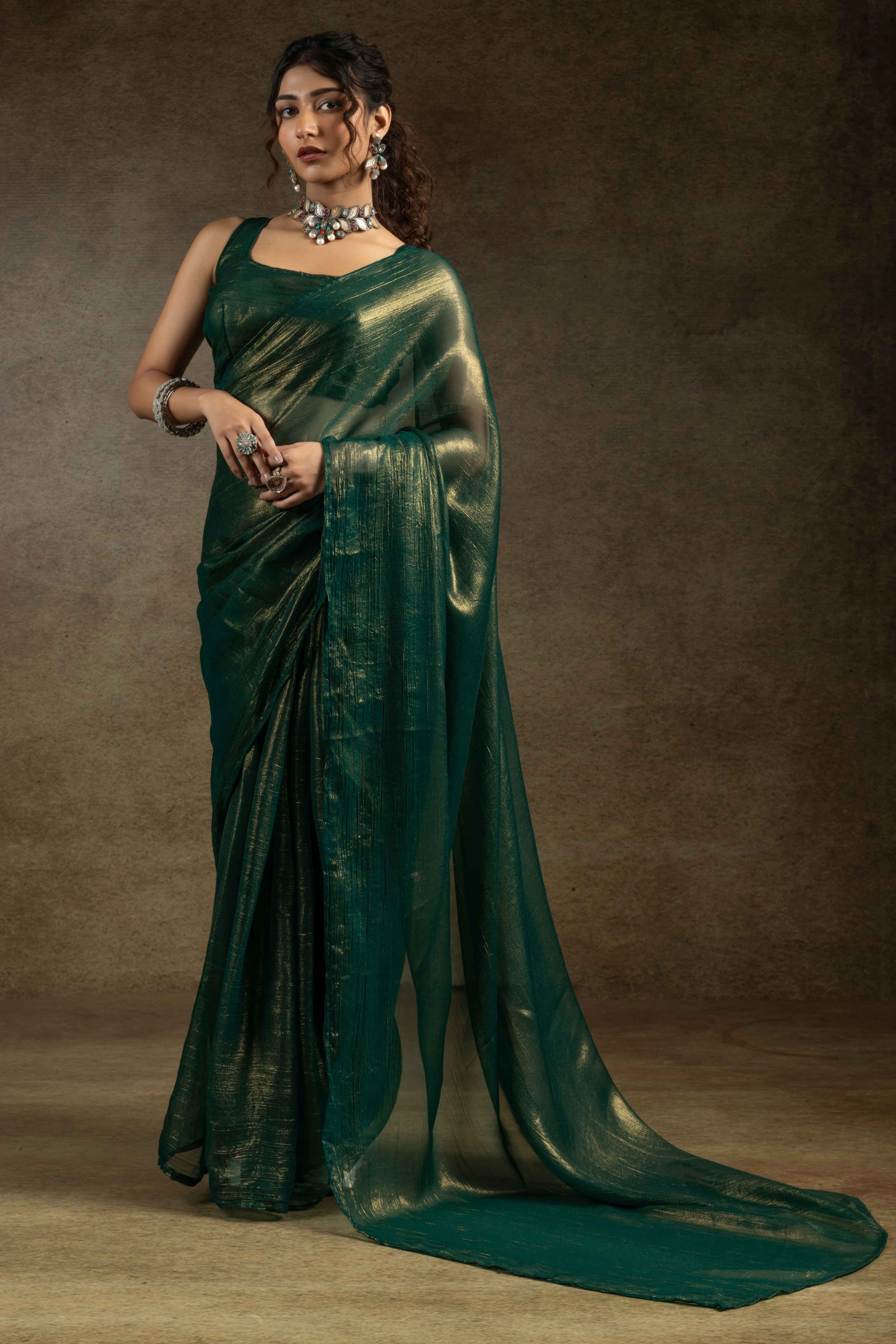 Green Ready-to-Wear Chiffon Saree in Minimal Solid Pattern for a Classy Vibe