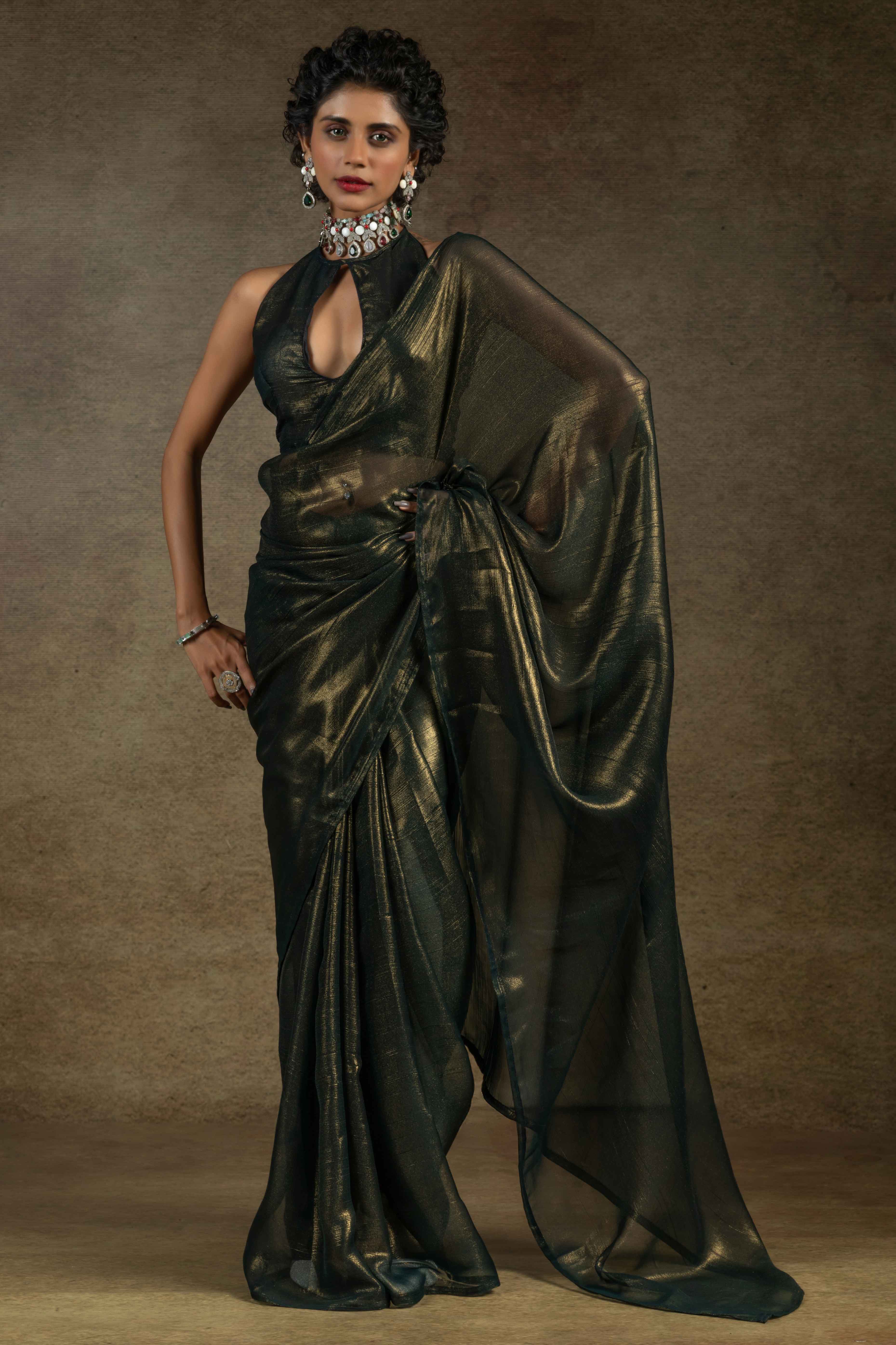 Black Ready-to-Wear Chiffon Saree in Minimal Solid Pattern for a Classy Vibe