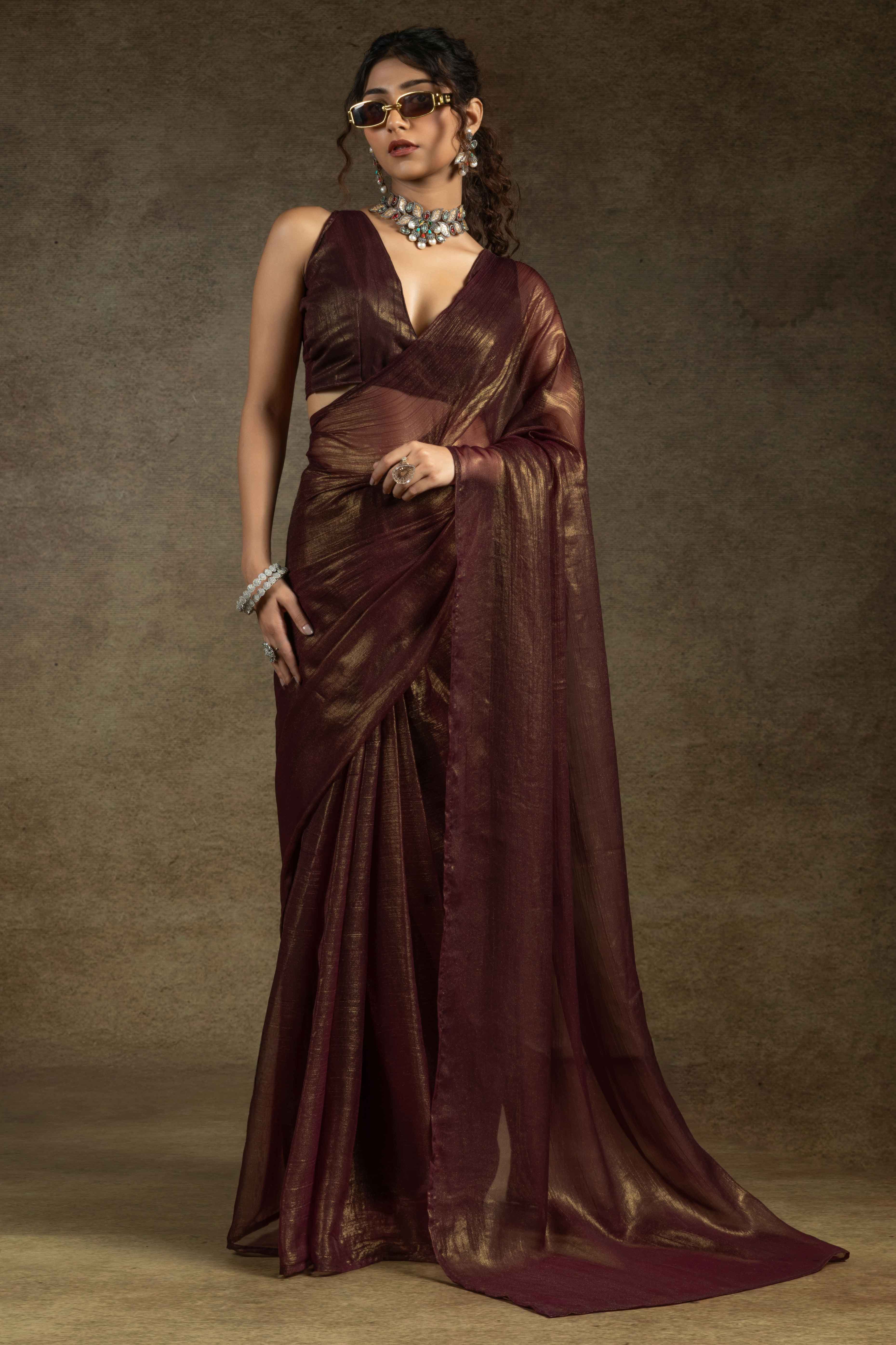 Brown Ready-to-Wear Chiffon Saree in Minimal Solid Pattern for a Classy Vibe